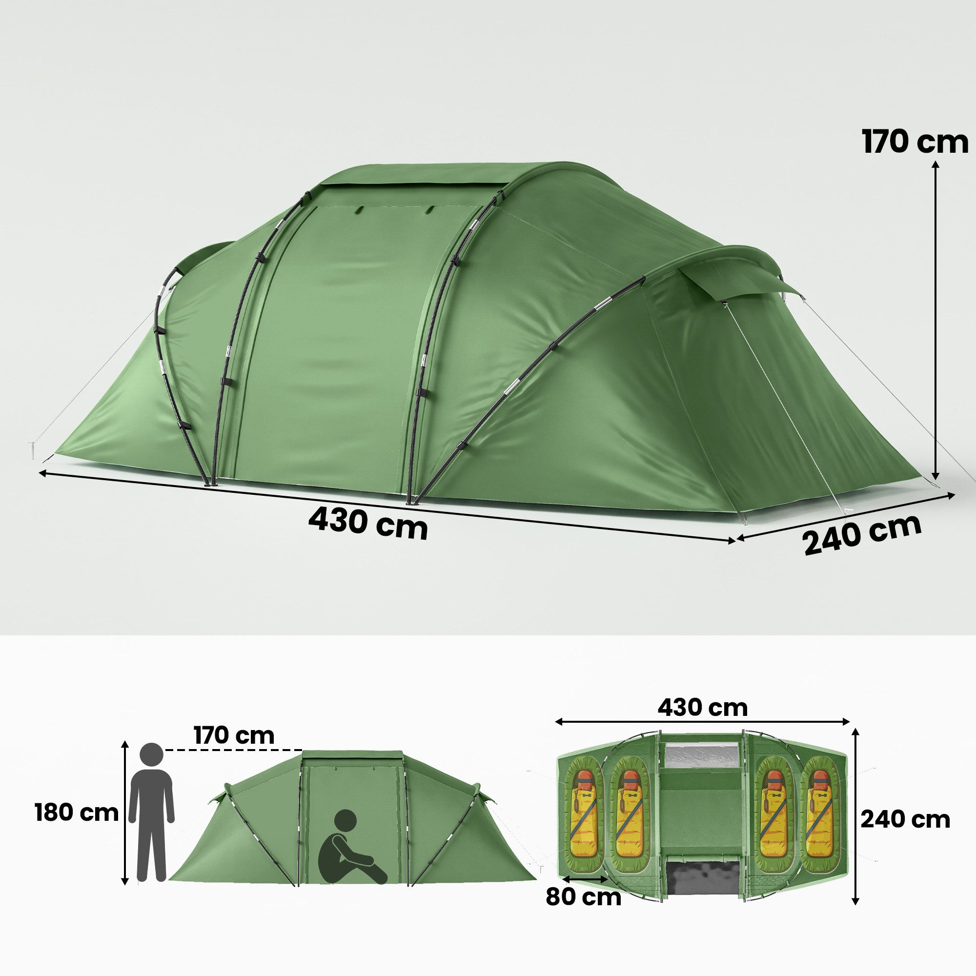 Outsunny Tunnelzelt Campingzelt mit Tür, Bodenplane, 2000mm wasserdicht, Gruppenzelt, Personen: 4 (Familienzelt, 1 tlg., mit Transporttasche, 22 Heringe, 8 Abspannseile), für Camping Reise Trekking Garten, Grün