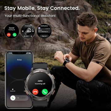 KOSPET Fur Herren mit 50m wasserdicht, Bluetooth anrufen Smartwatch (1.96 Zoll, Android / iOS), mit KI Sprachassistent Musiksteuerung, Taschenrechner Sitzerinnerung