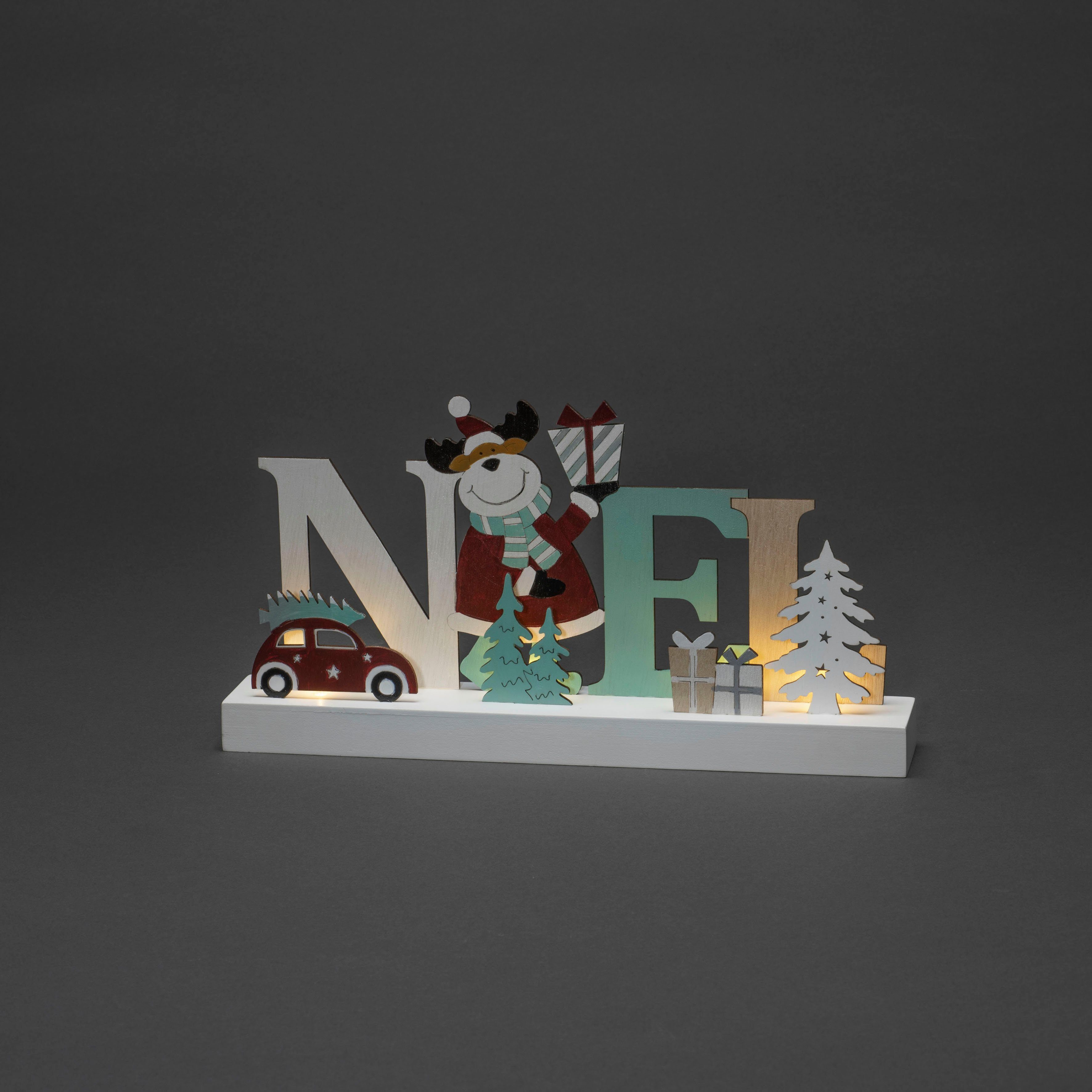 KONSTSMIDE Deko-Schriftzug Noël (1 St), Holzsilhouette, weiße 4 Dioden, 6h Timer, batteriebetrieben LED warm
