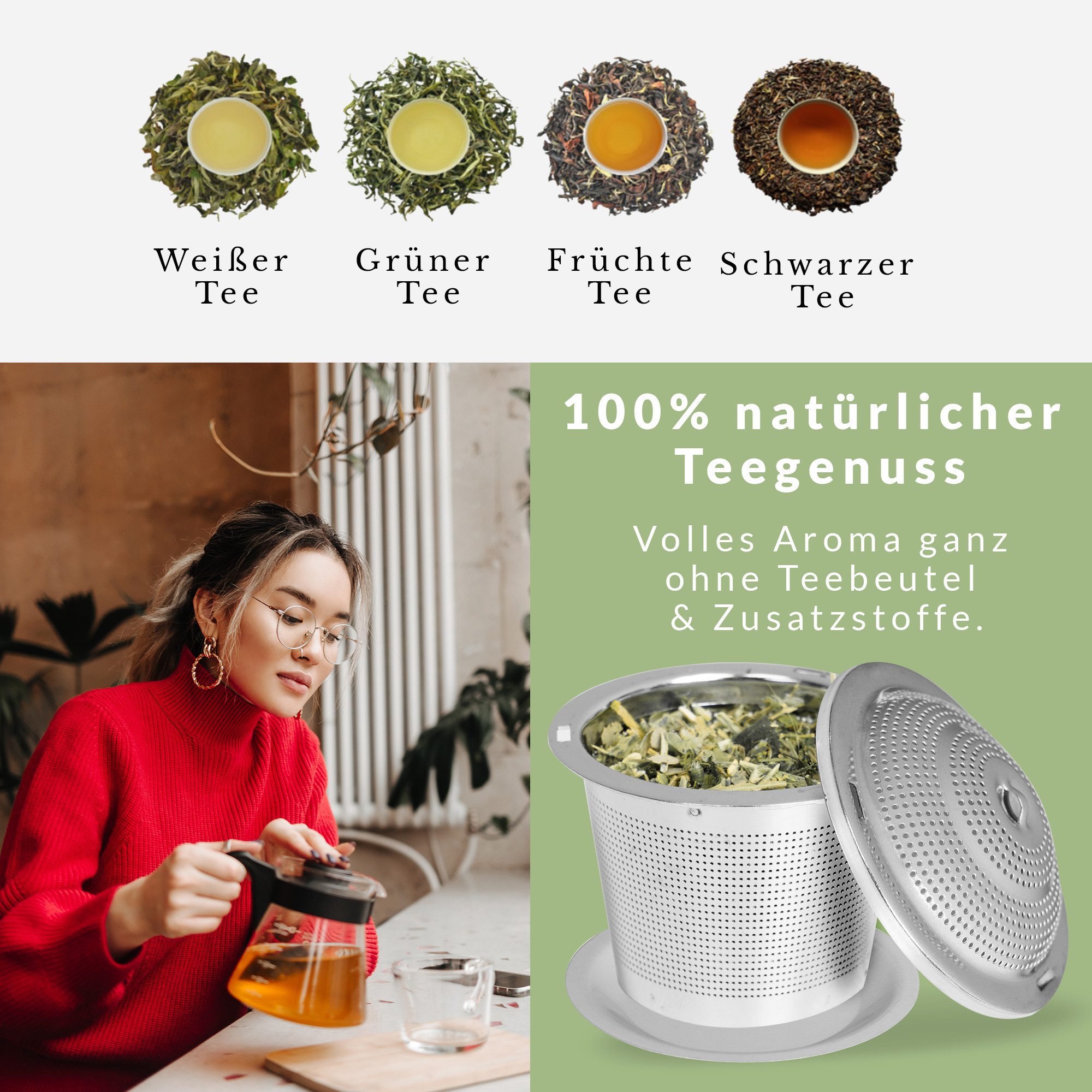 Geschenkehöhle Teesieb 2er Set Edelstahl – Feines Sieb für losen Tee, Tassen & Teekanne, Edelstahl, - Inklusive Abtropfschale & 11 cm Kette -