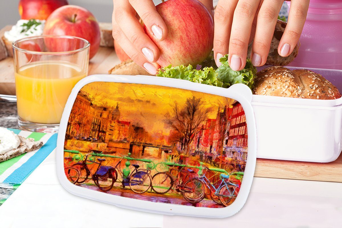 MuchoWow Lunchbox Gemälde für für Brotdose, Erwachsene, und Kunststoff, - Brotbox Fahrrad Amsterdam (2-tlg), Gracht - Kinder und Öl, Jungs Mädchen - - weiß