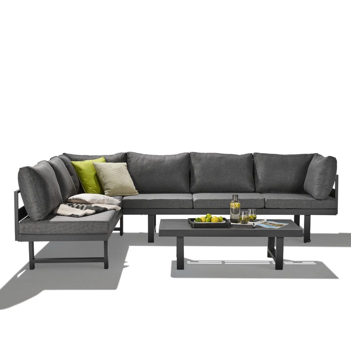 Liadomo Gartenlounge-Set Callipo, (Ecklounge für 5 Personen, 3-tlg., 2 Multifunktionssofas mit Loungetisch), höhenverstellbare Seitenteile