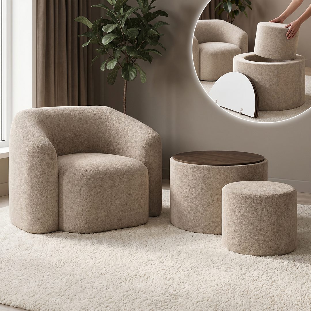 skølm Relaxsessel Gjöll aus Teddy-Bouclé mit Armlehnen (beige, Set aus Sessel, Tisch mit Holzplatte & Hocker), vakuumverpackt, gepolstert, Couchtisch mit Stauraum, ohne Aufbau