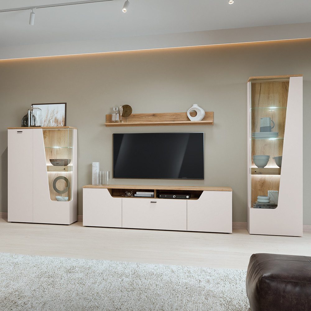 Lomadox Wohnwand CARMONA-129, (4-St., Highboard Lowboard Vitrine Wandregal), in Kaschmir und Eiche, inkl. LED-Beleuchtung