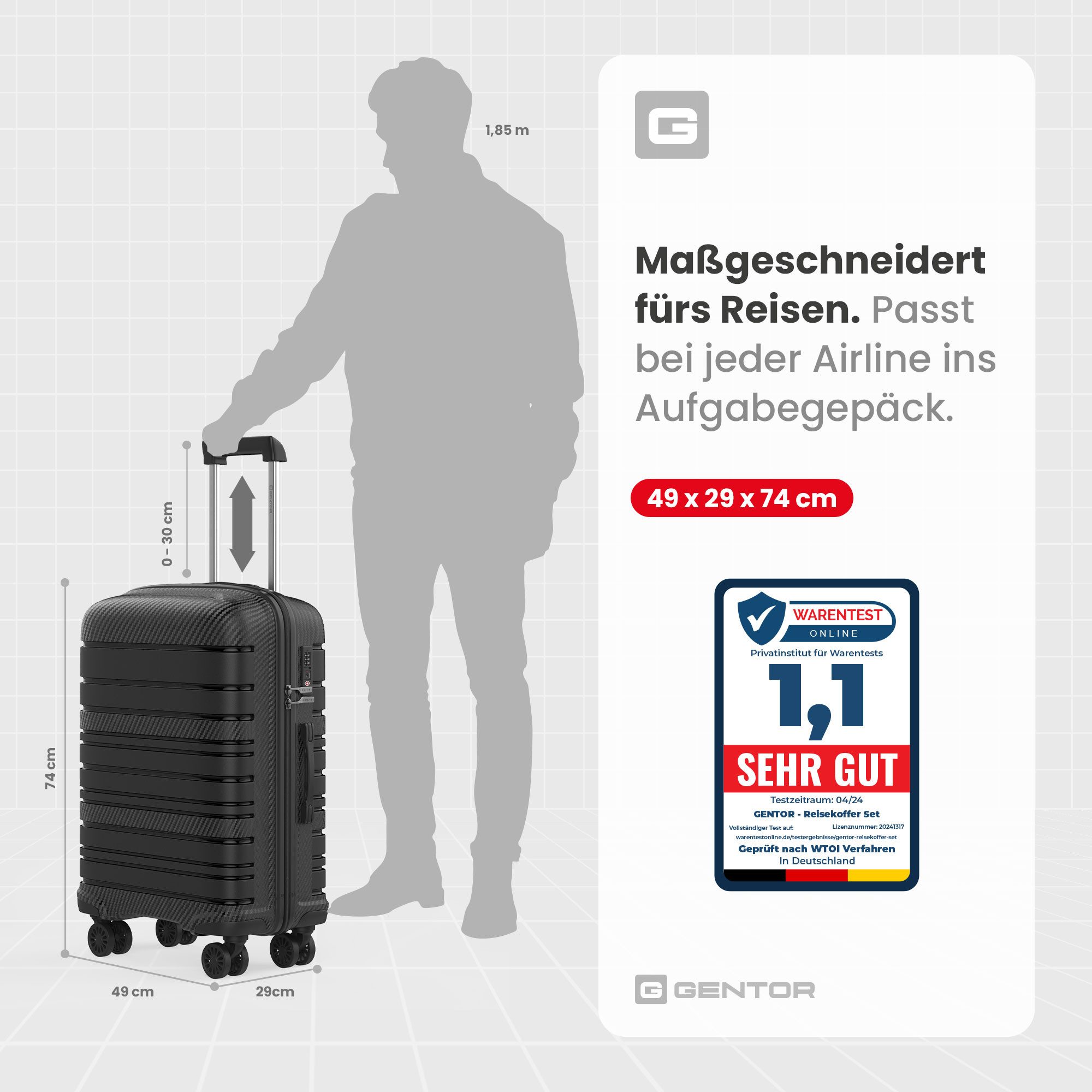 GENTOR Hartschalen-Trolley Koffer Reisekoffer Hartschalenkoffer Trolley Rollkoffer Handgepäck, 4 Rollen, PP Harteschalenkoffer & Reisekoffer