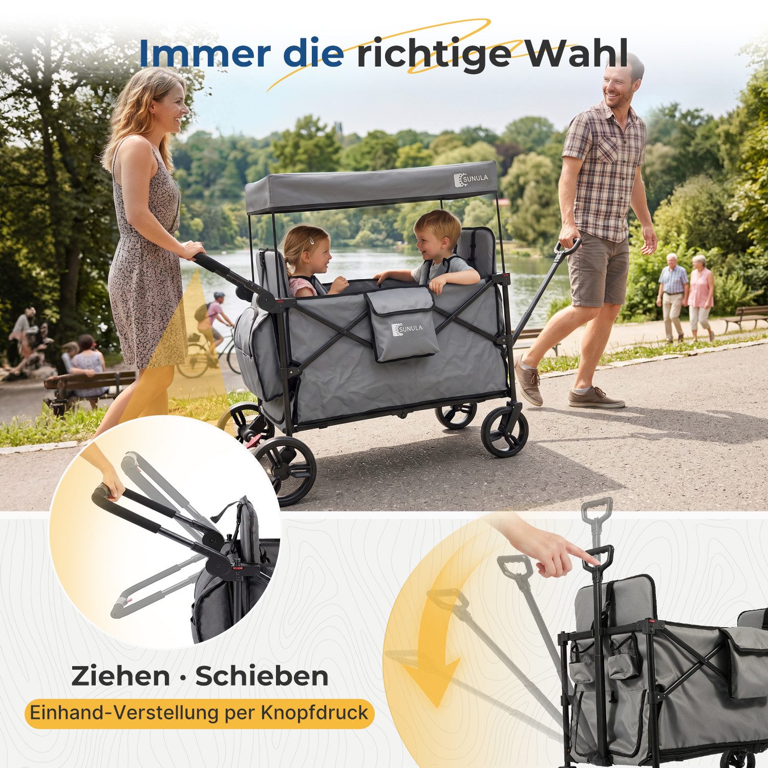 SUNULA Bollerwagen Kinder Bollerwagen für 2 Kinder mit Dach, Schiebe- und Zieh Funktion, Faltbar Kinderwagen mit XXL-Rädern (25/20 cm) und 5-Punkt-Gurtsystem – Bild 2 von 5
