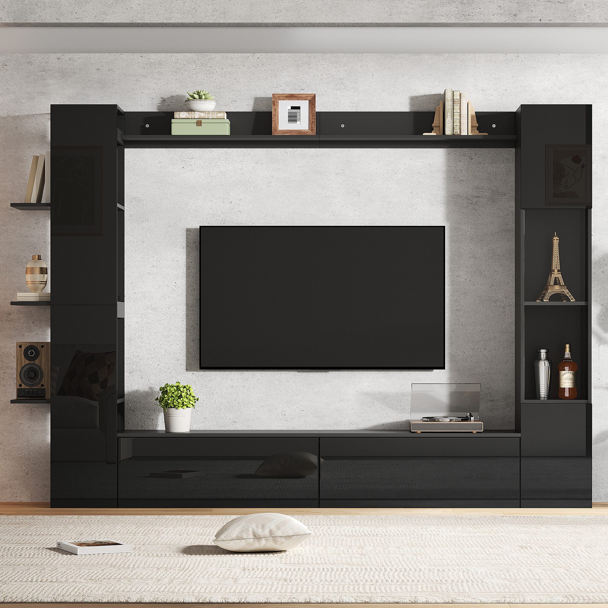 Merax Wohnwand 4-teilig Wohnmöbel Set, (4-St), Wohnmöbel mit TV-Schrank, Vitrine & Regalen