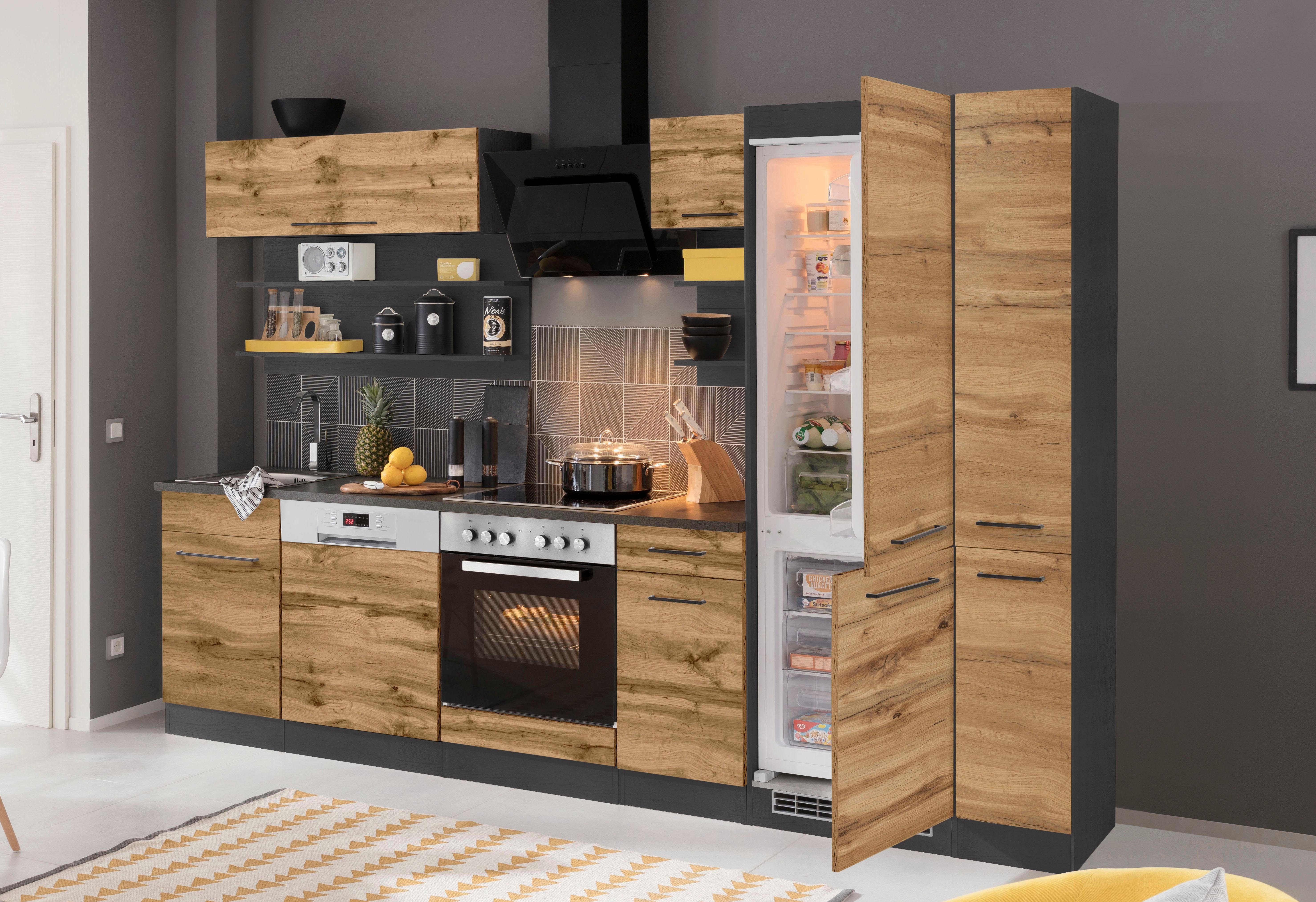 KOCHSTATION Küchenzeile KS-Tulsa, ohne E-Geräte, Breite 300 cm, schwarze Metallgriffe, MDF Fronten