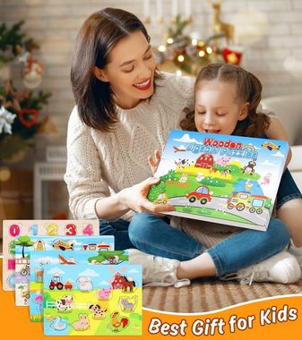 LENBEST Lernspielzeug 4er-Set Holzpuzzle Kleinkinder Spielzeug (Puzzlespiel, Steckpuzzle, Holzspielzeug für Kinder, Weihnachtsgeschenk), Kleinkinder Spielzeug ab 2 3 Jahre