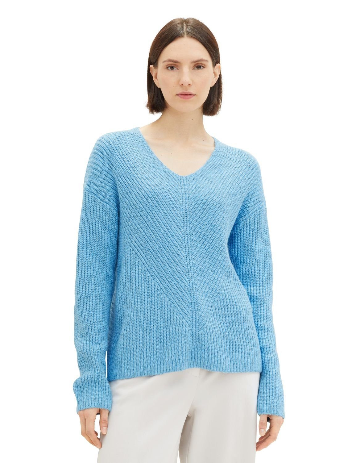 TOM TAILOR KNIT Baumwollmix aus Melange Clear V-NECK Strickpullover Light Blue 12391