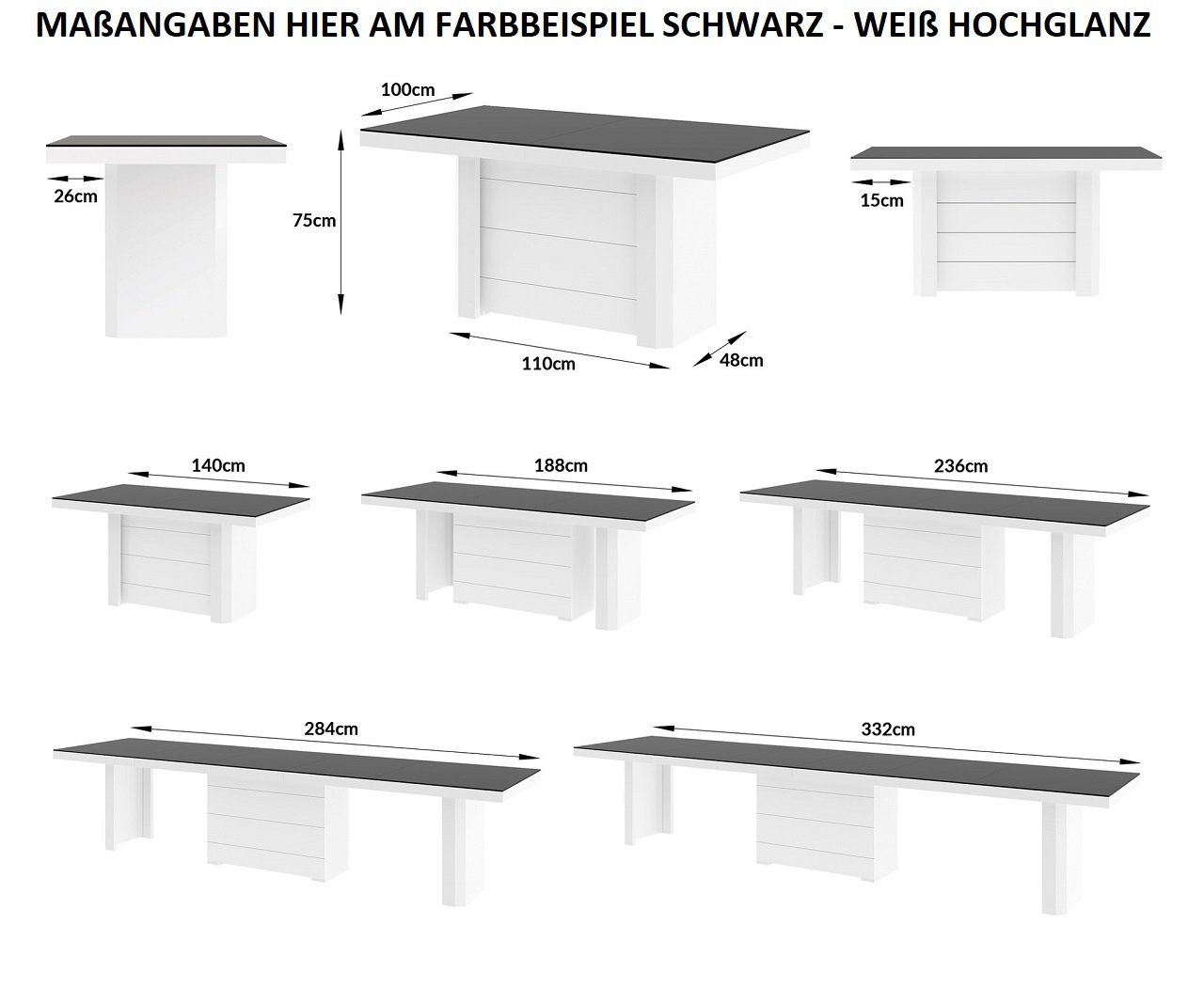 Grau Esstisch / Grau Design 332 HE-777 ausziehbar Hochglanz Tisch designimpex 140 / XXL Weiß Hochglanz Hochglanz bis Weiß
