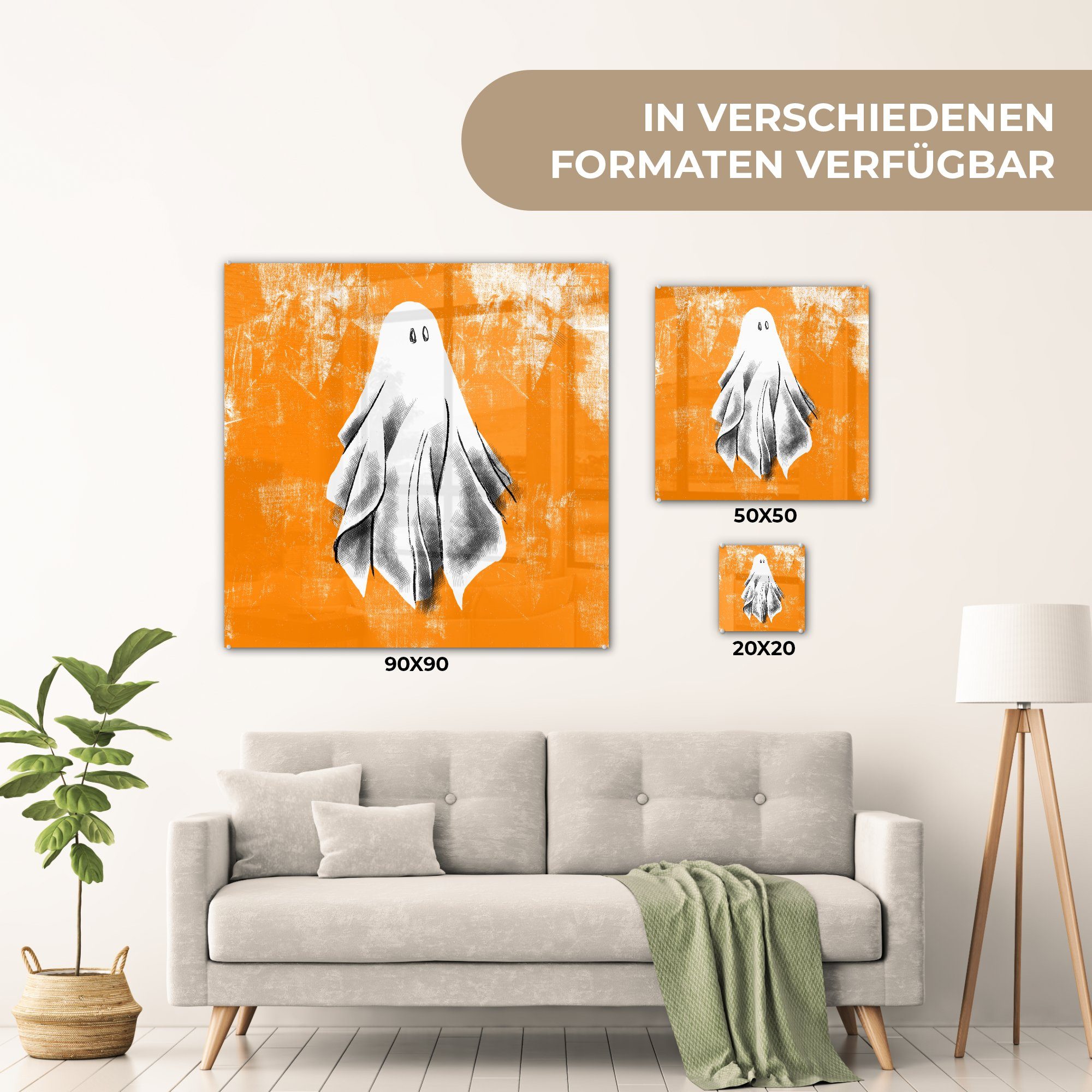 St), - abgenutzten Glasbilder - Wanddekoration Glas Wandbild Illustration MuchoWow auf Halloween Foto Acrylglasbild (1 Hintergrund, - auf Bilder Glas auf Geist