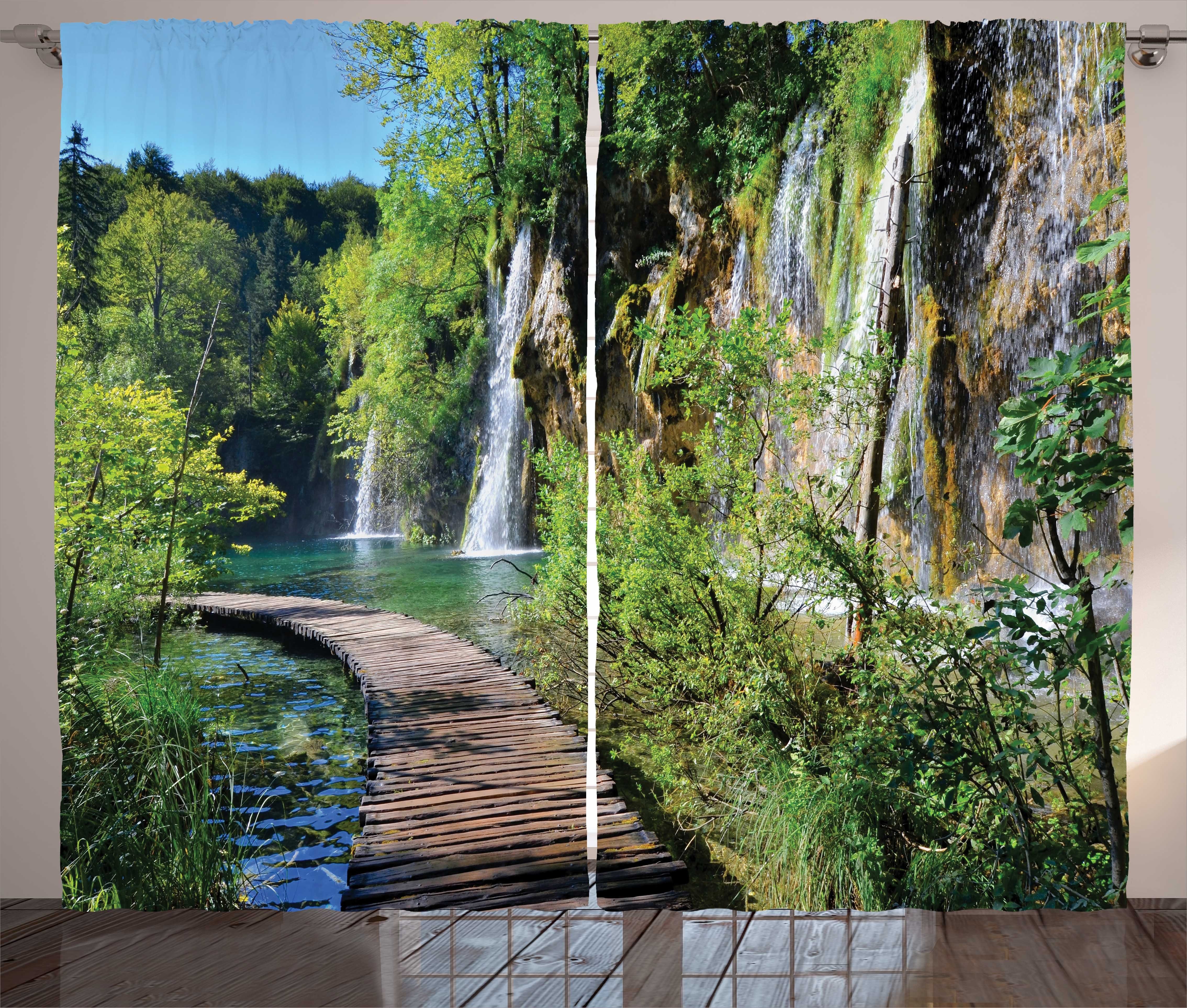 Gardine Schlafzimmer Kräuselband Vorhang mit Schlaufen und Haken, Abakuhaus, See Theme Boardwalk Wasserfälle | Fertiggardinen