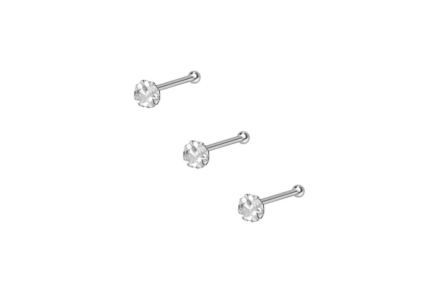PIERCINGLINE Nasenpiercing SET 925er Silber Nasenstecker Pin EINGEFASSTER KRISTALL (Nasenstecker, 3er SET1 = Kristallklar)