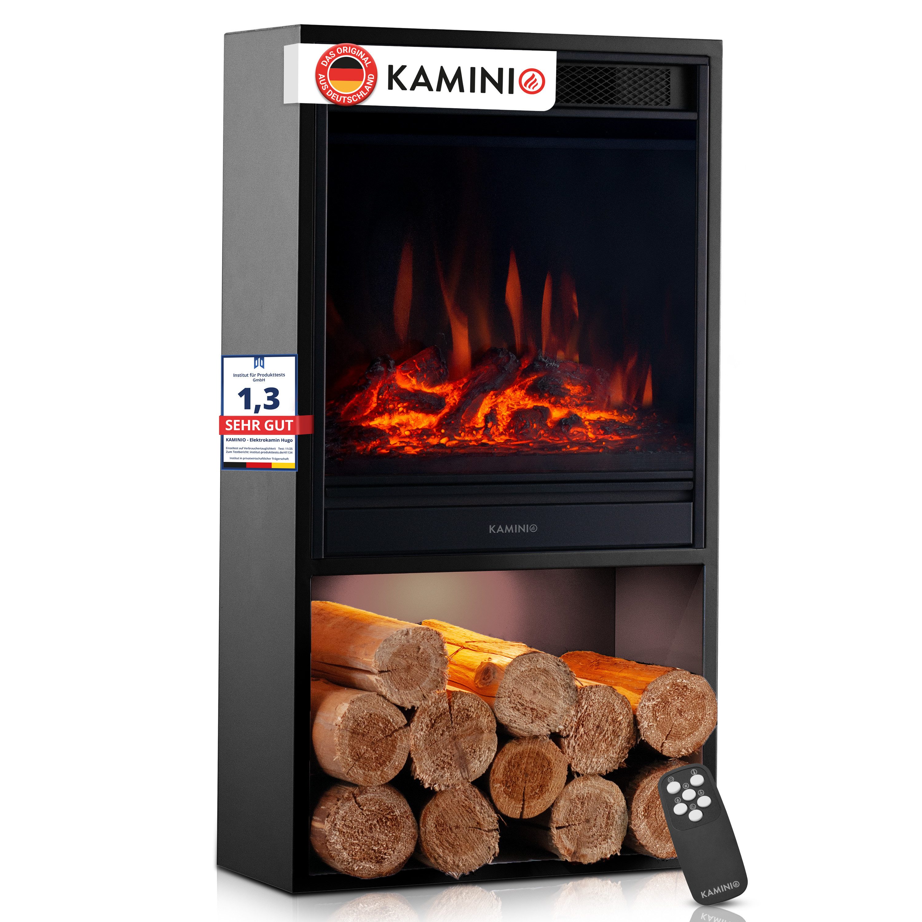 KAMINIO Elektrokamin HUGO, Elektrischer Kamin mit 3D-Flammeneffekt, Heizung 1800W