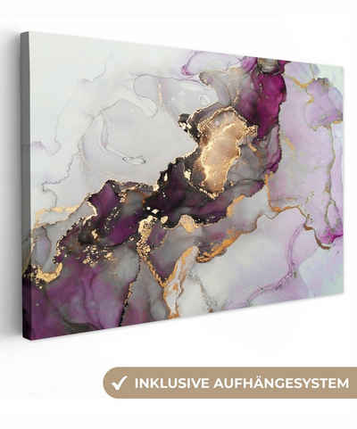 OneMillionCanvasses® Leinwandbild Marmor - Abstrakt - Gold - Lila, (1 St), Leinwand Bilder für Wohnzimmer Schlafzimmer, 90x60 cm