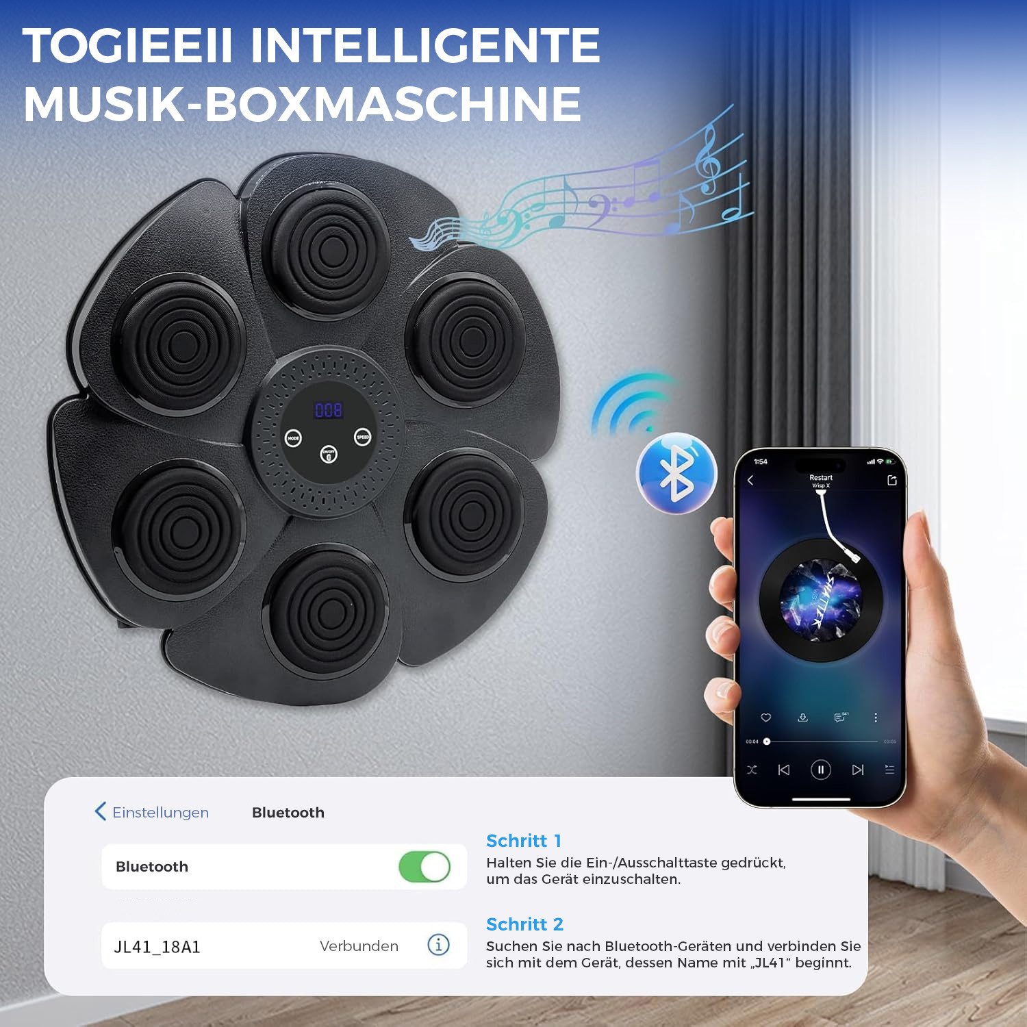 AKKEE Boxmaschine Music Boxing Machine LED Bluetooth Boxgerät, Trainingshilfe, elektronische Bluetooth Boxmaschine
