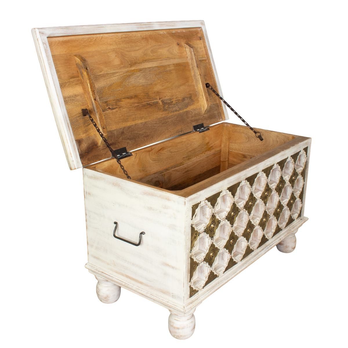 Oriental Galerie Truhe Indische Truhe Kiste Schatztruhe Weiß Gold 80cm, Holztruhe, Couchtisch mit Fach, Schatzkiste, Holzkiste Wohnzimmer