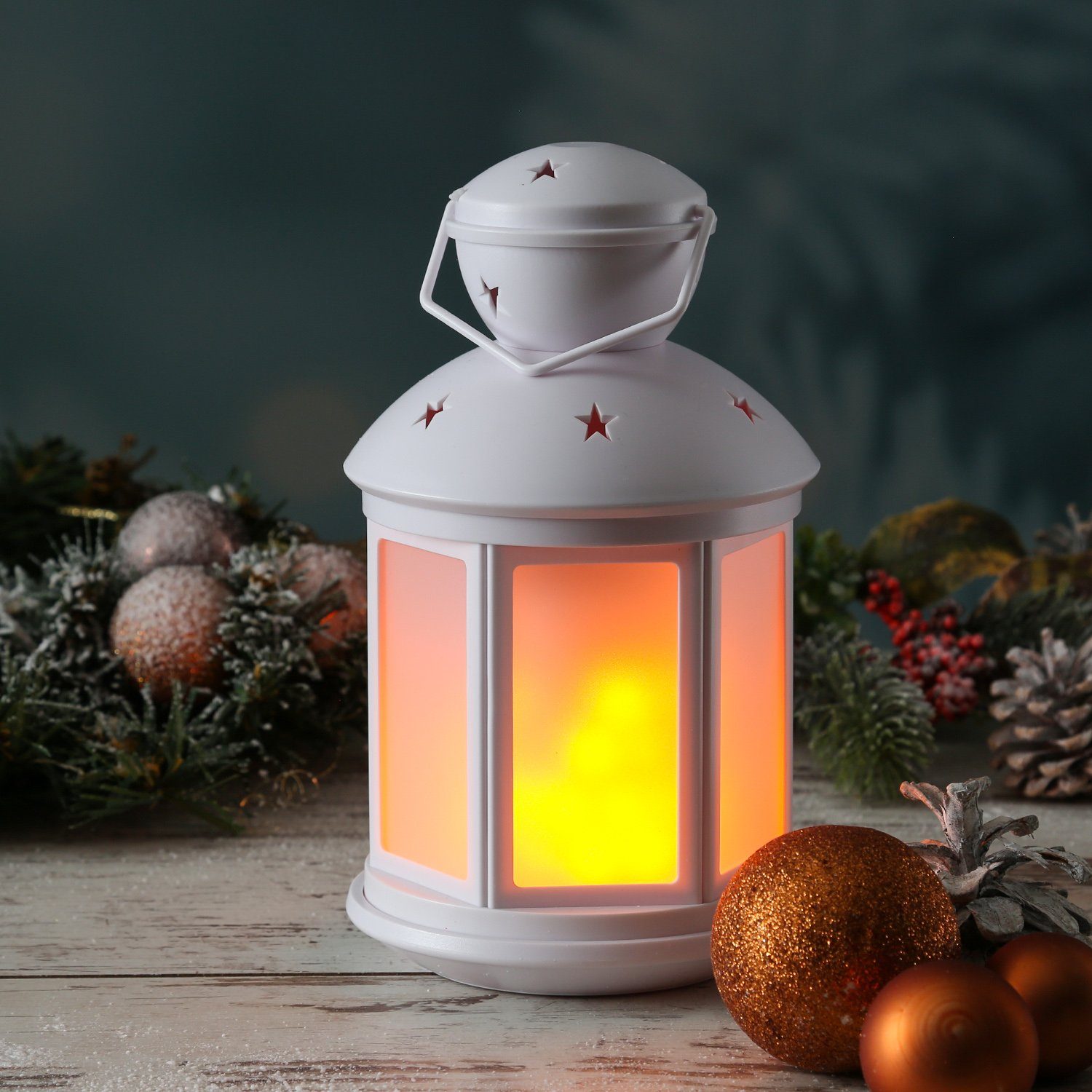 Dekolaterne LED MARELIDA amber LED flackernd 22cm mit Laterne weiß, Classic, LED Laterne Flammeneffekt