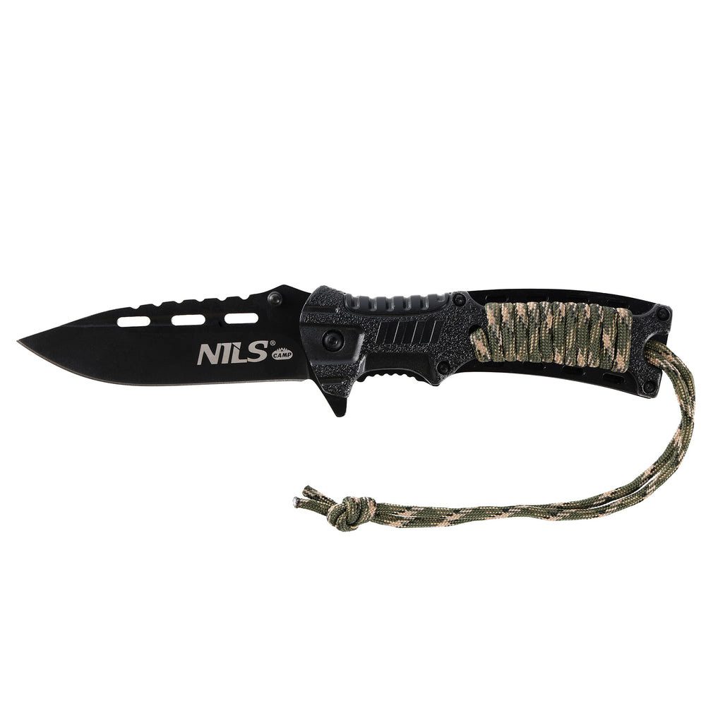 NILS CAMP Fahrtenmesser Klappmesser Outdoormesser Survivalmesser, (Spar-Set, 1 St., 21 cm handlich), Liner Lock, Paracord, Feuerstein, Pfeife, Gürtelclip