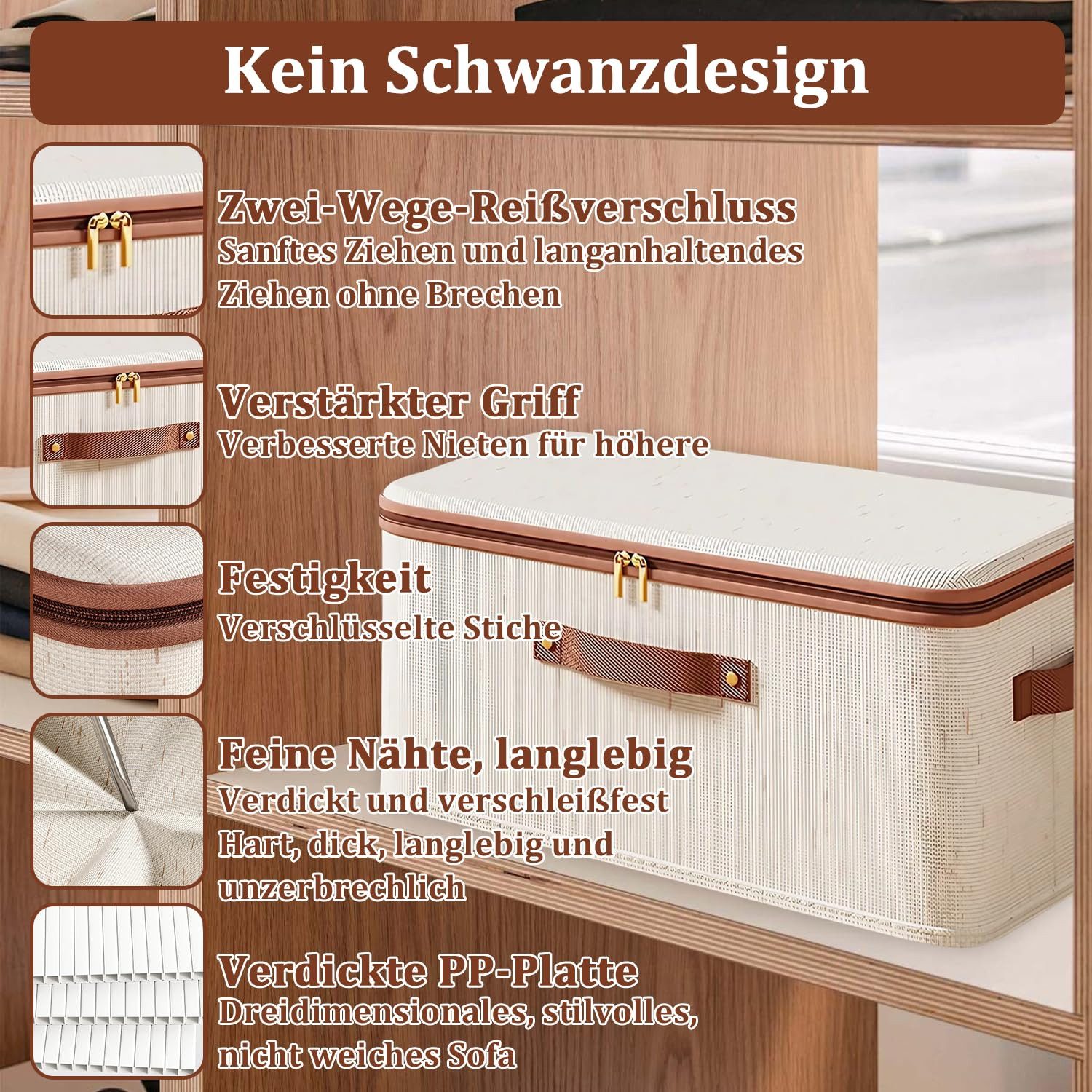 Coonoor Aufbewahrungsbox Aufbewahrungsbox mit Reißverschluss, Aufbewahrungsbox mit Deckel, große Baumwoll-Leinen-Aufbewahrungsbox – Bild 4 von 5