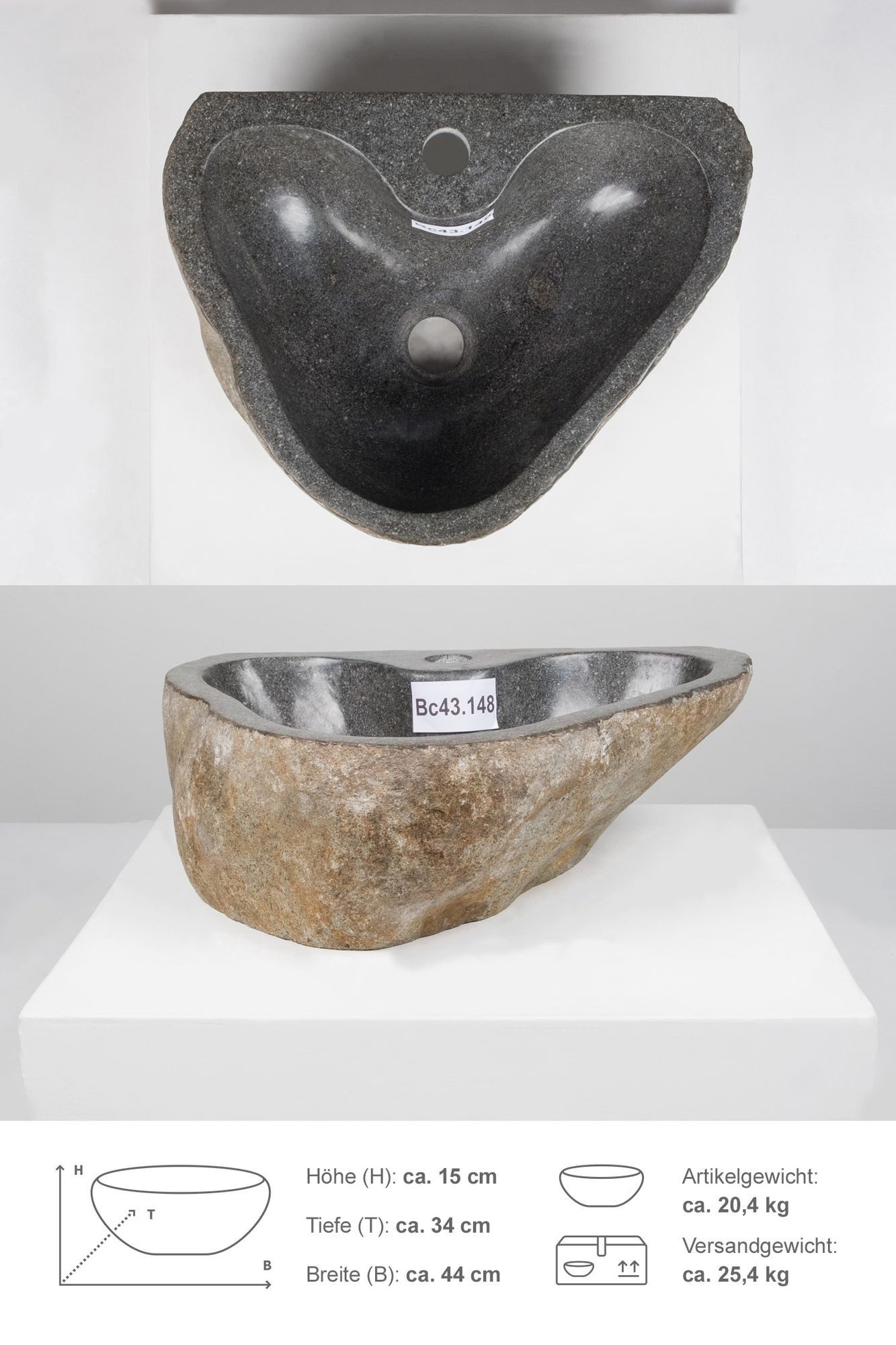 wohnfreuden Aufsatzwaschbecken Naturstein Раковины 40 cm oval mit Hahnloch (Kein Set), 101840_Bc43.148