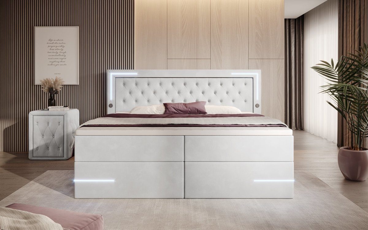 Luxusbetten24 Boxspringbett Carlotta, mit LED, Stauraum, USB-Anschluss und Samtbezug