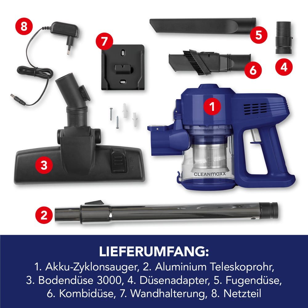 CLEANmaxx Akku-Hand-und Stielstaubsauger Zyklon Staubsauger blau / silber, 120 W, beutellos, beutellos, starker Akku