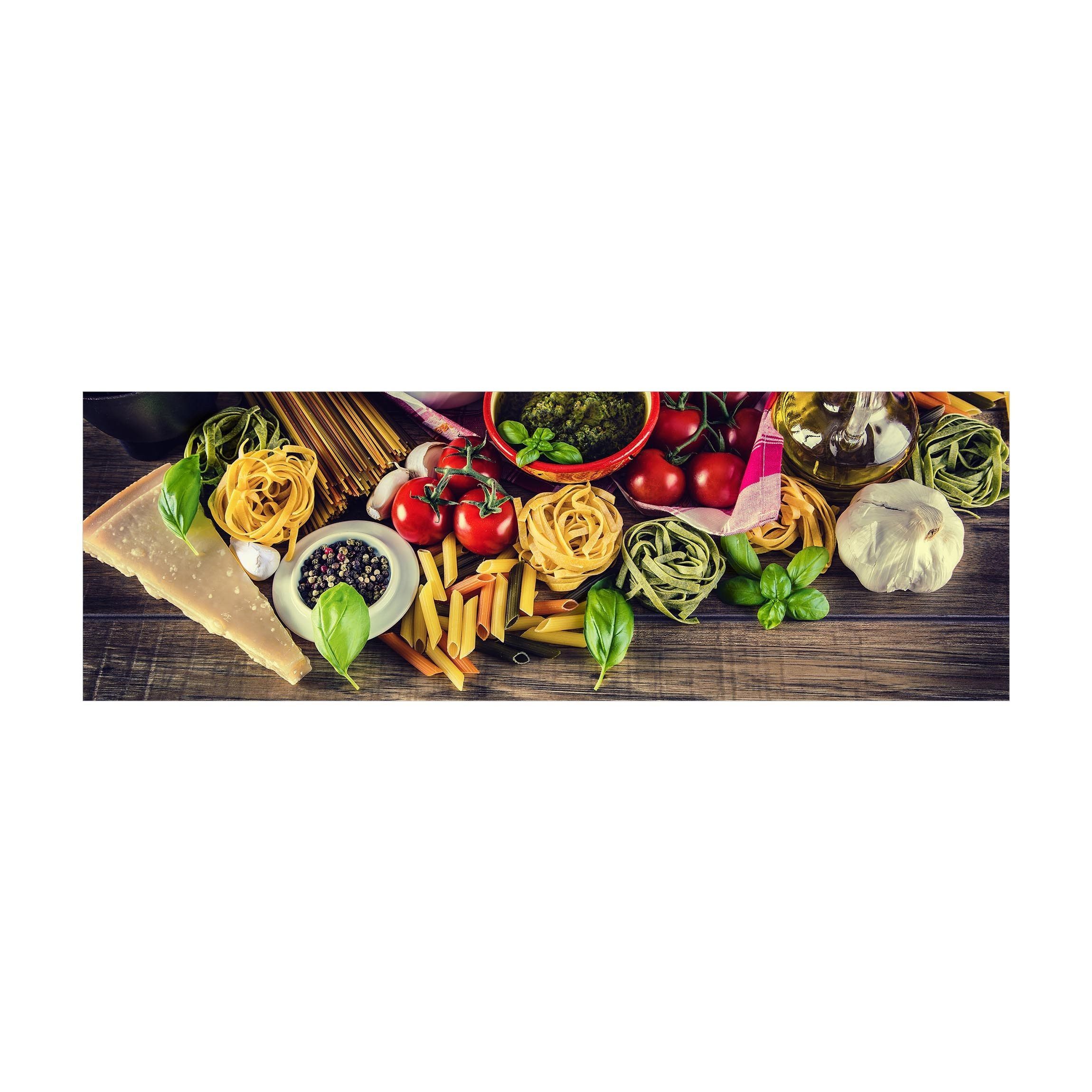 Bilderdepot24 Teppich Teppich Vinyl Küchenmatte Küche Holzoptik Nudeln Pasta lang, Läufer – bunt glatt, nass wischbar (Spritzer, Tierhaar) Saugroboter & Bodenheizung geeignet