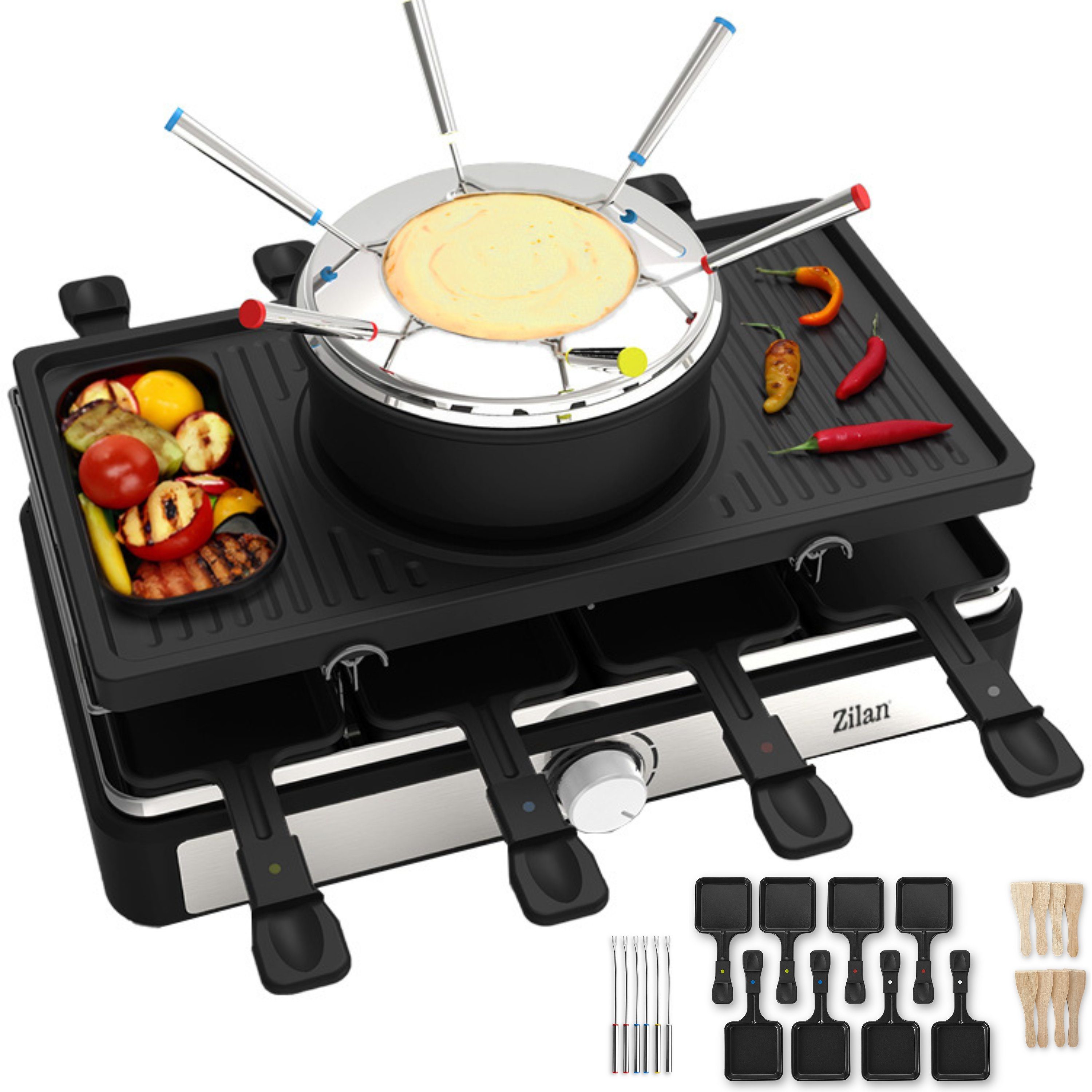 Zilan Raclette und Fondue-Set ZLN-8856, 8 Raclettepfännchen, 1400 W, 3 in 1  Raclett/Grill/Käsefondue,8 Personen,Antihaftbeschichtet