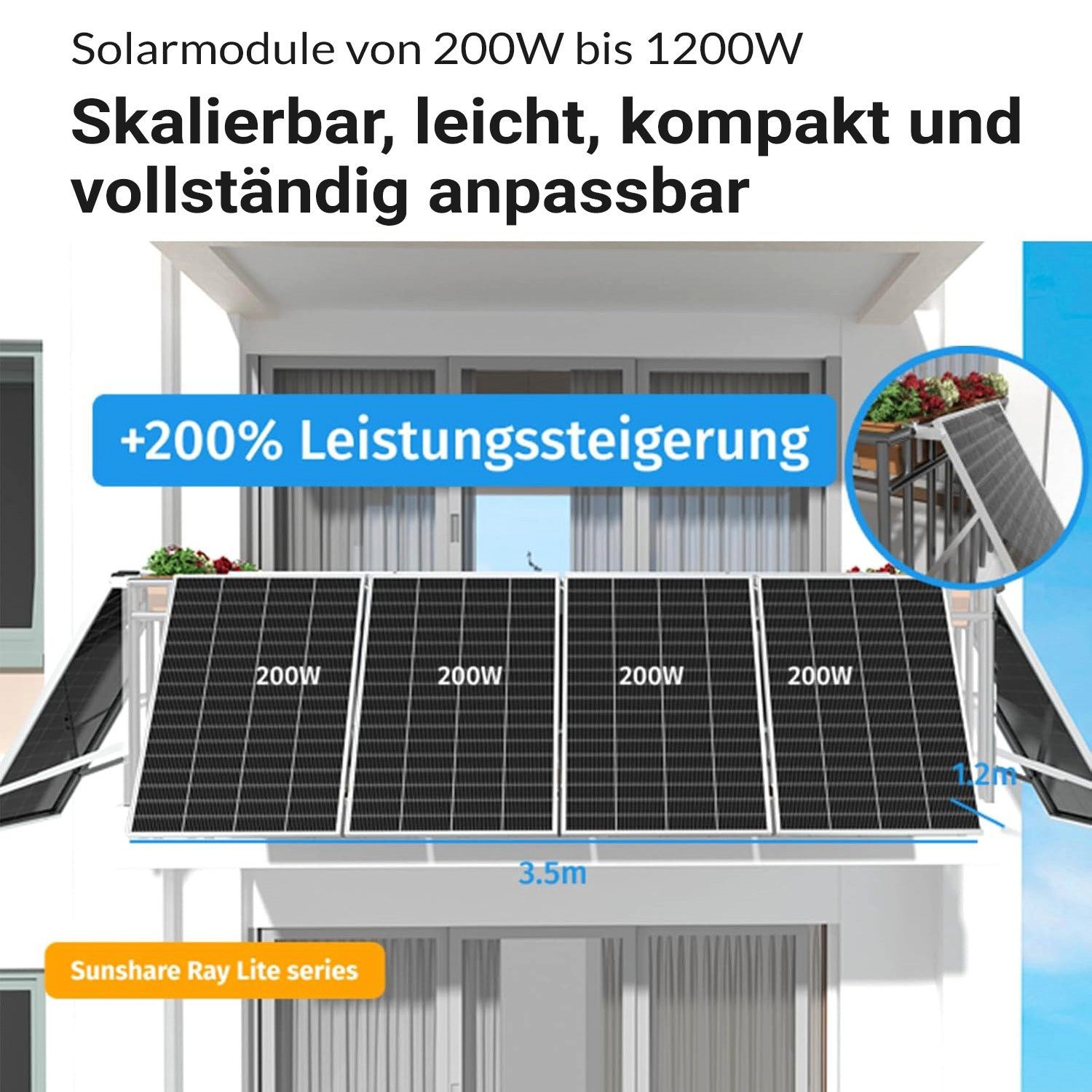 Sunshare Solarmodul Ray Lite Solarmodul 200 W – Kompaktes N-TOPCon PV-Modul, Monokristallin N‑Typ TOPCon, (Solarmodul Einzelteil, Einzelmodul zur Erweiterung von Ray‑Lite‑PV‑Systemen), Ultraleichtes PV‑Modul für flexible Erweiterung bestehender Systeme