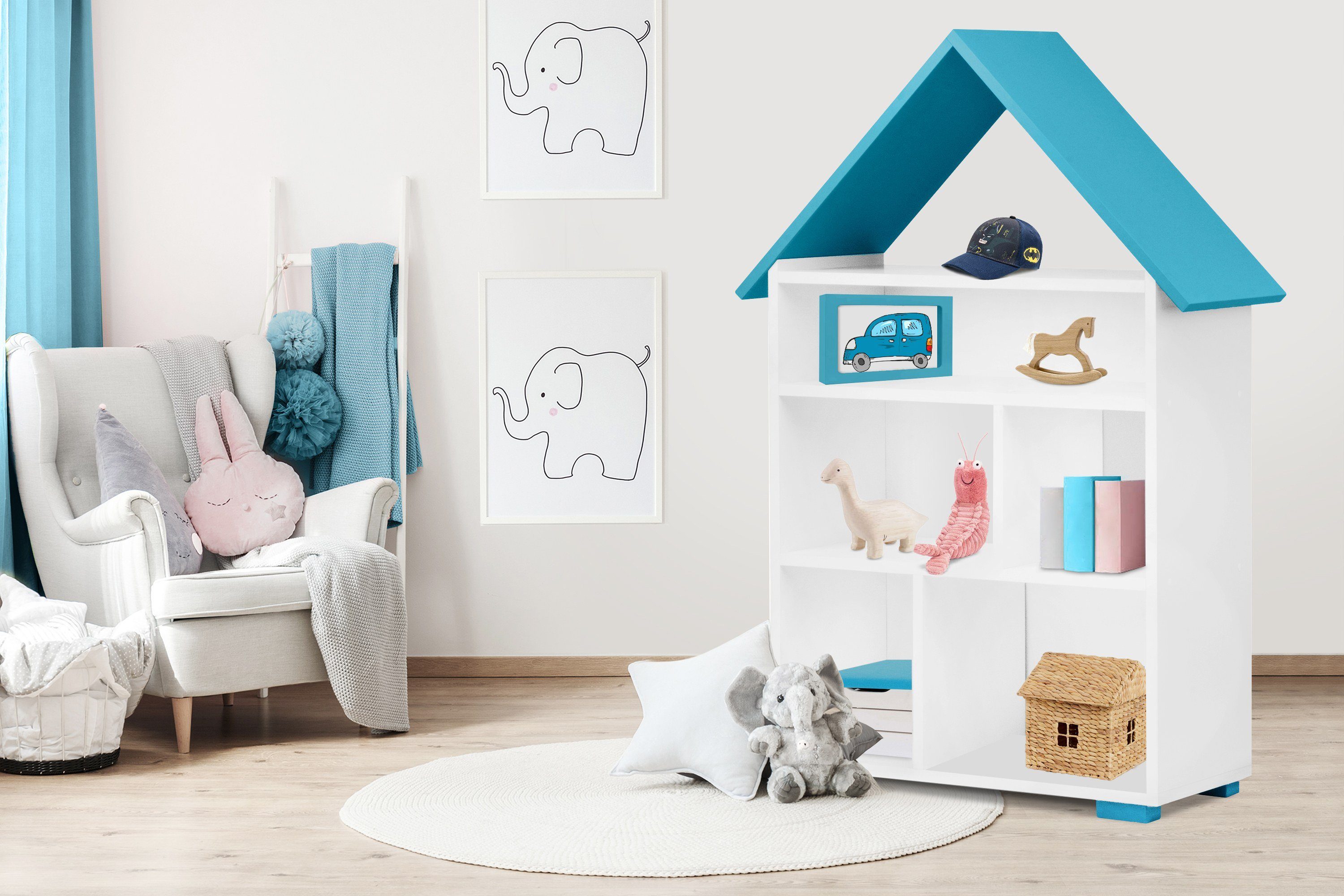 Pastellfarben, Kinder PABIS geräumig, Kinderregal weiß/blau Bücherregal Konsimo in Hausform, ABS-Kanten