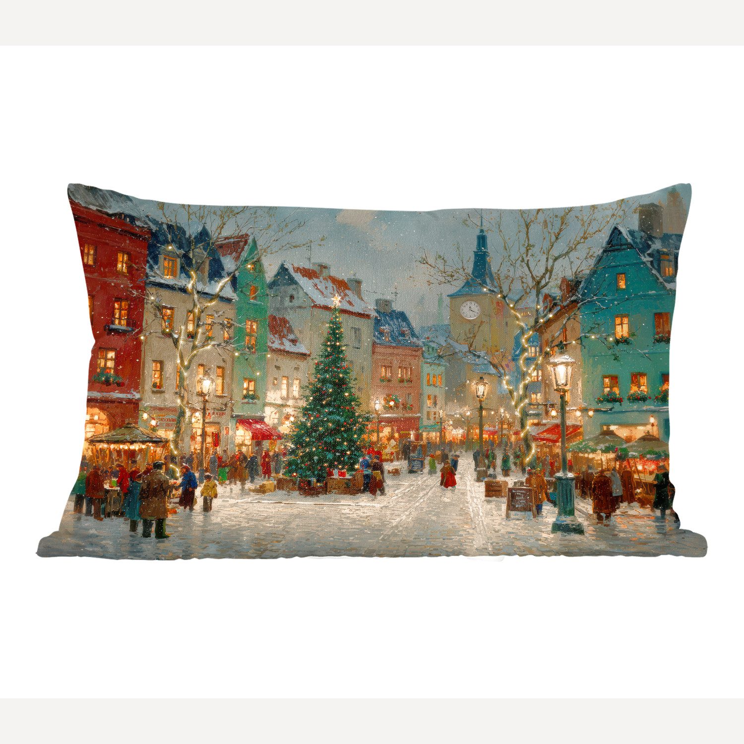 MuchoWow Dekokissen Weihnachtliche Atmosphäre - City Square - Farbenfroh, Dekoration, Zierkissen, Kissen mit Füllung, 50x30 cm