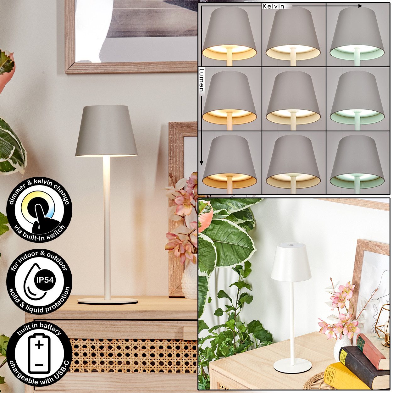 hofstein Tischleuchte Tischlampe aus Metall/Kunststoff in Weiß, dimmbare Tischleuchte mit Akku, Touchdimmer, Memoryfunktion, IP54