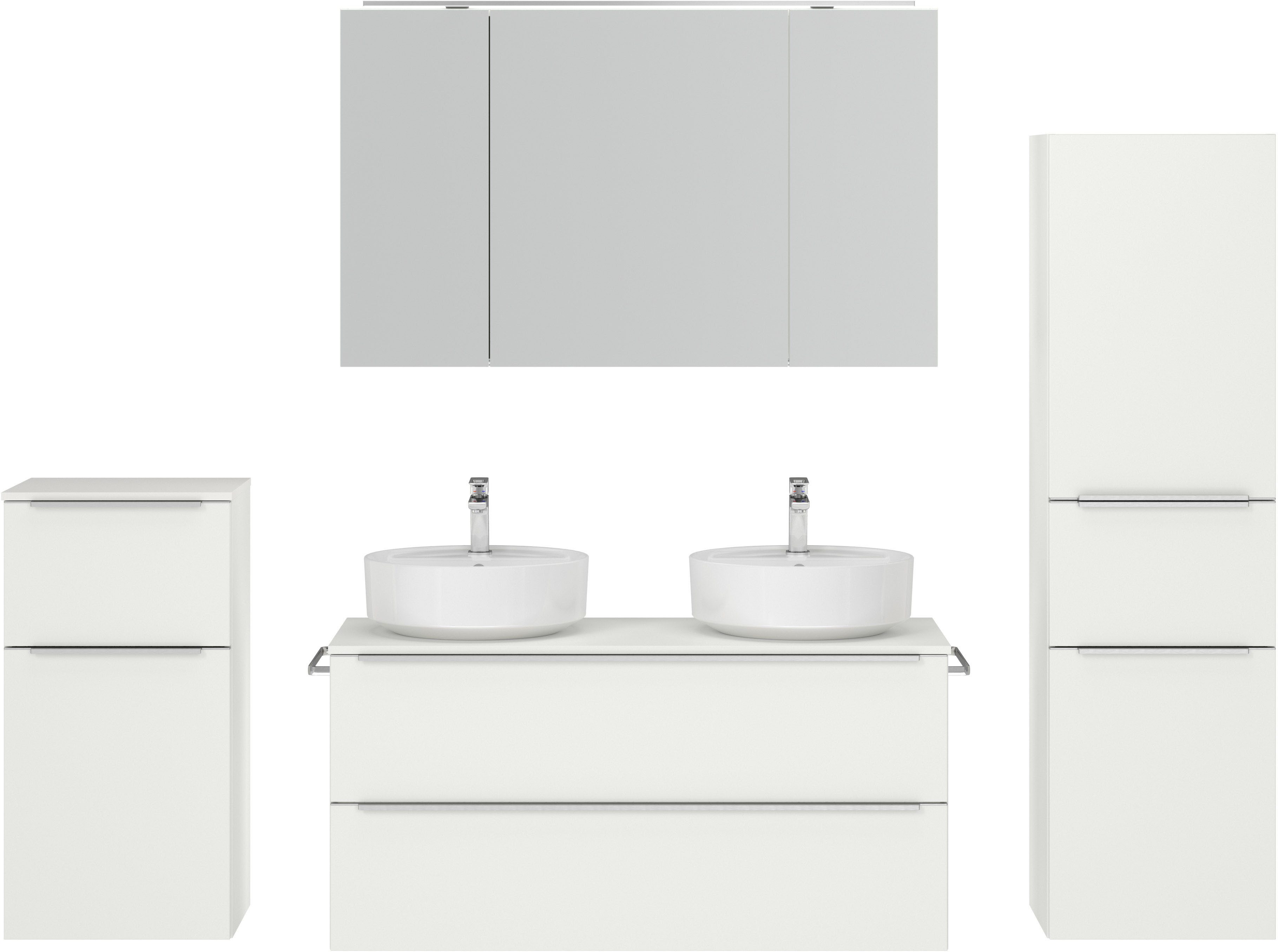 nobilia® Badmöbel-Set Alvene, (4-St., vormontiert, mit Soft-Close), inkl. Spiegelschrank mit Beleuchtung und Dimmerfunktion, in 4 Breiten