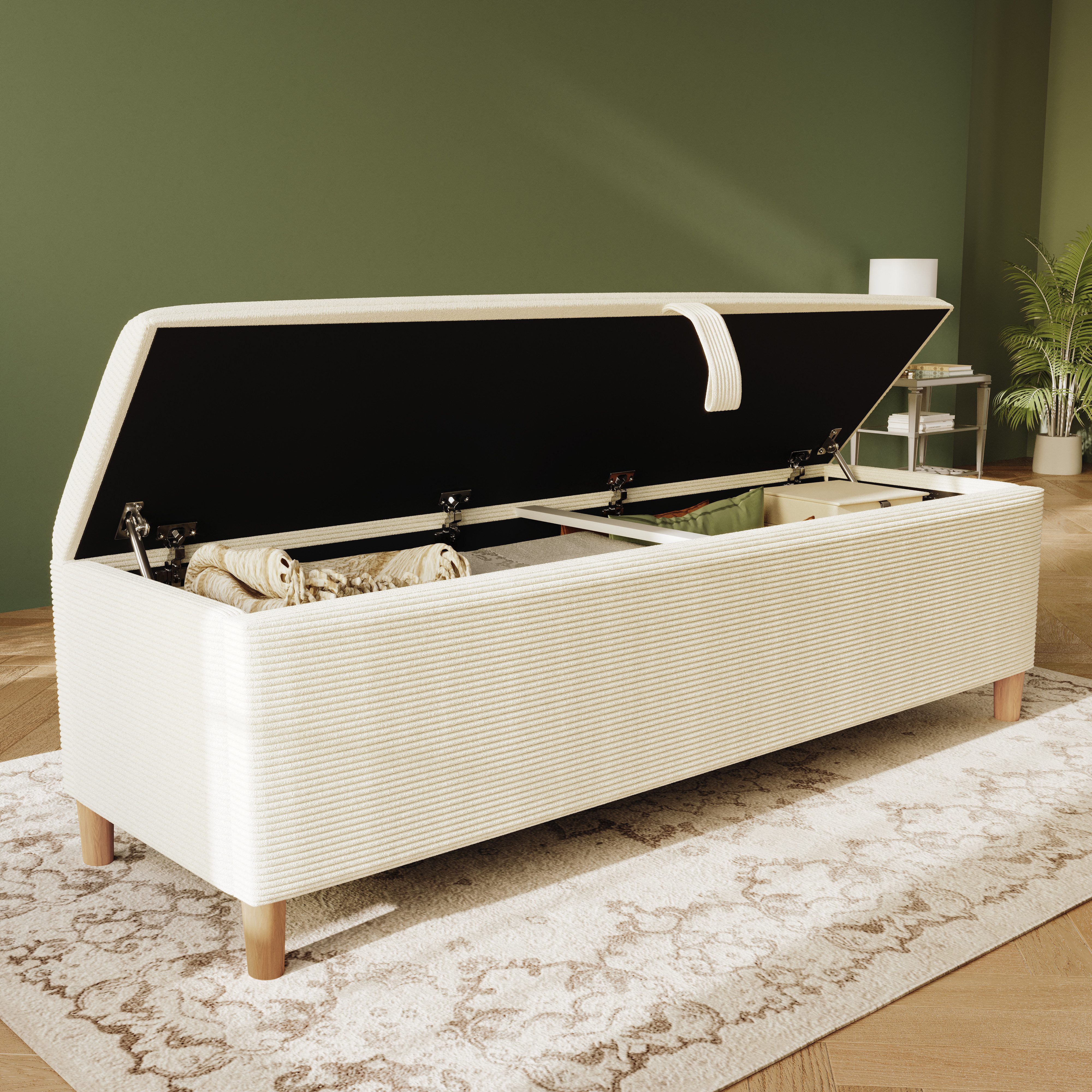Celya Sitzbank Bettbank mit Stauraum, Polsterbank mit Hydraulischem Stauraum (Beiger Cord-Optik, Geeignet für Schlafzimmer, Wohnzimmer und Flur), 165 x 38 cm Bettbank, Aufbewahrungsbox