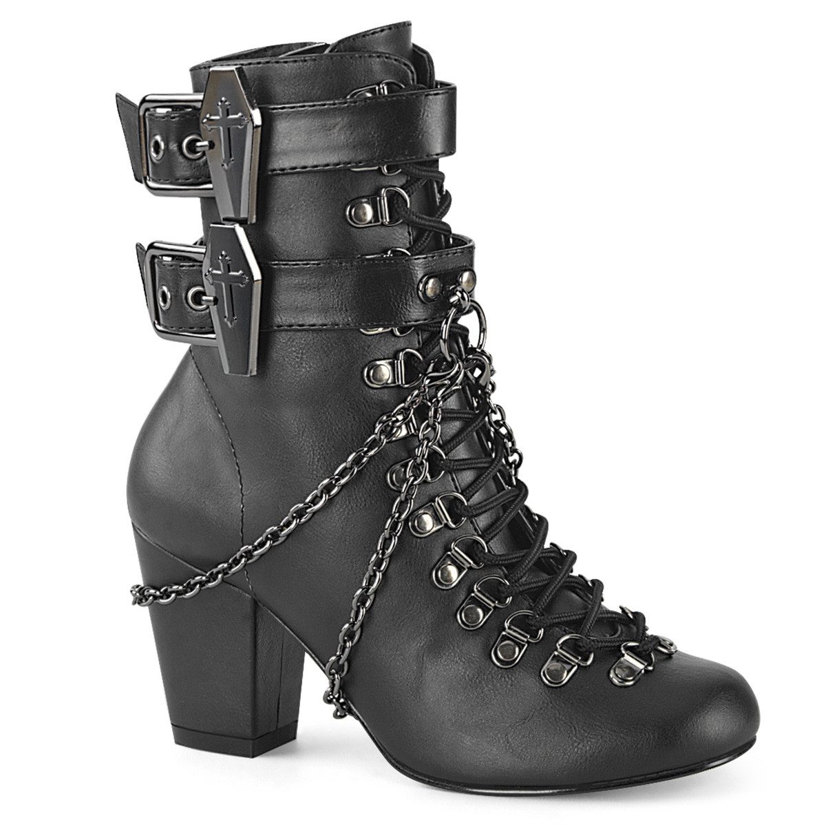 DemoniaCult Sale VIVIKA-128 DemoniaCult Damen Stiefeletten Ketten Sargschnallen sc High-Heel-Stiefel