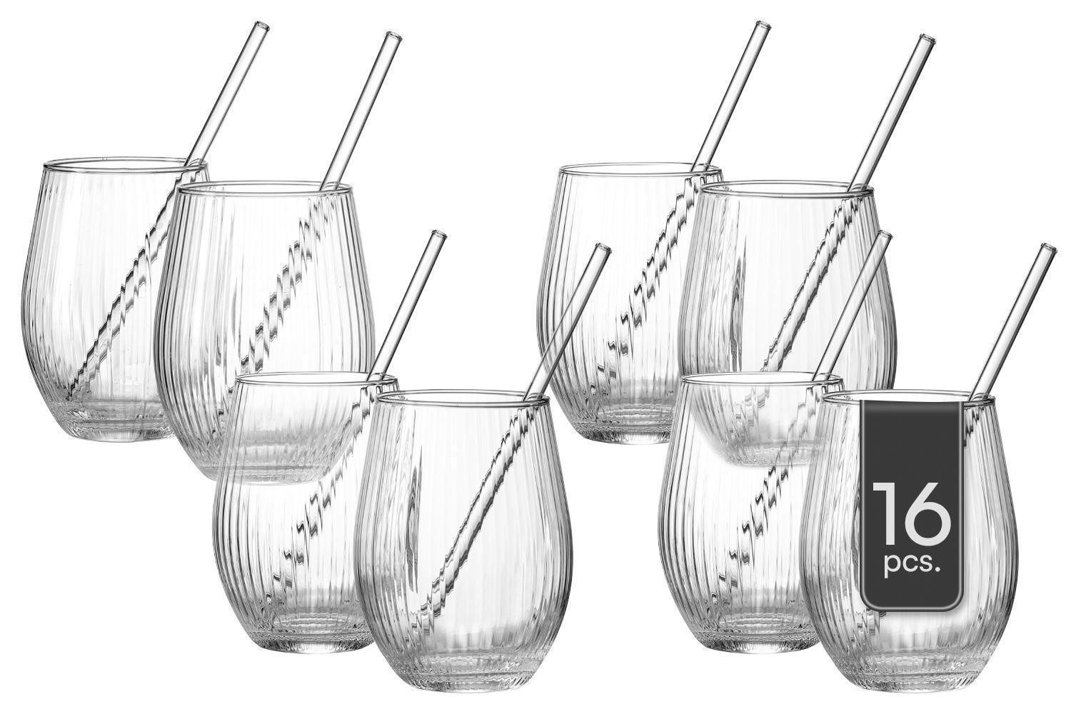 Ritzenhoff & Breker Gläser-Set 16-teilig PACA, Transparent, 590ml, Streifenrelief, Glas, Spülmaschinengeeignet, mit 4 Strohhalmen