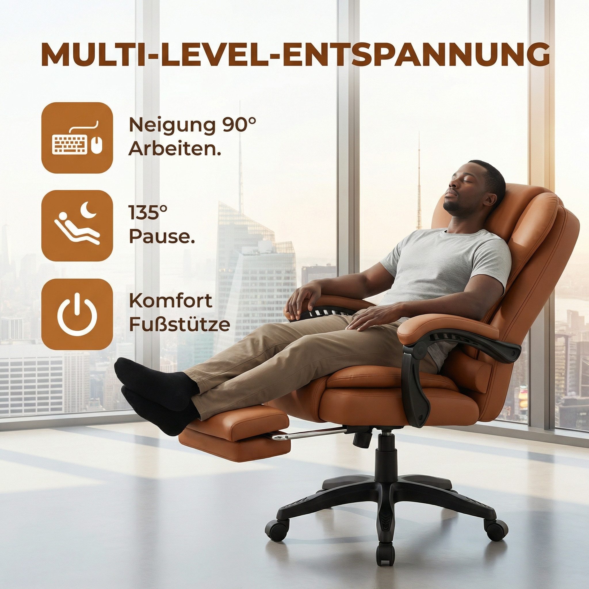 Huracan Schreibtischstuhl Luxus Bürostuhl mit Liegefunktion, 135° Neigung, Ergonomischer Chefsessel, Drehstuhl bis 150 kg Belastbarkeit