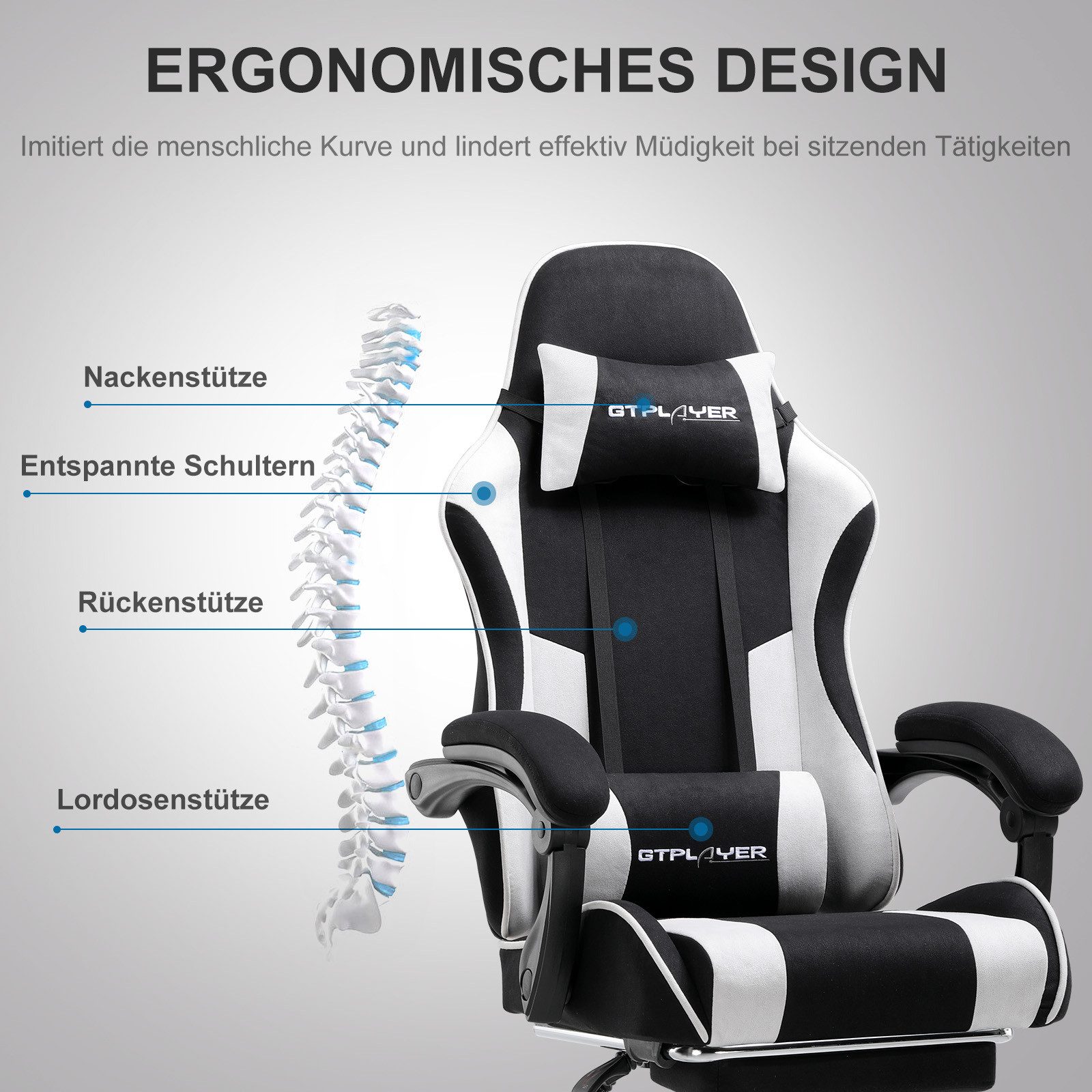 GTPLAYER Gaming-Stuhl Bürostuhl Gaming Stuhl Massage Ergonomischer Gamer Stuhl, mit Massage-Lendenkissen Fußstütze, Kopfstütze
