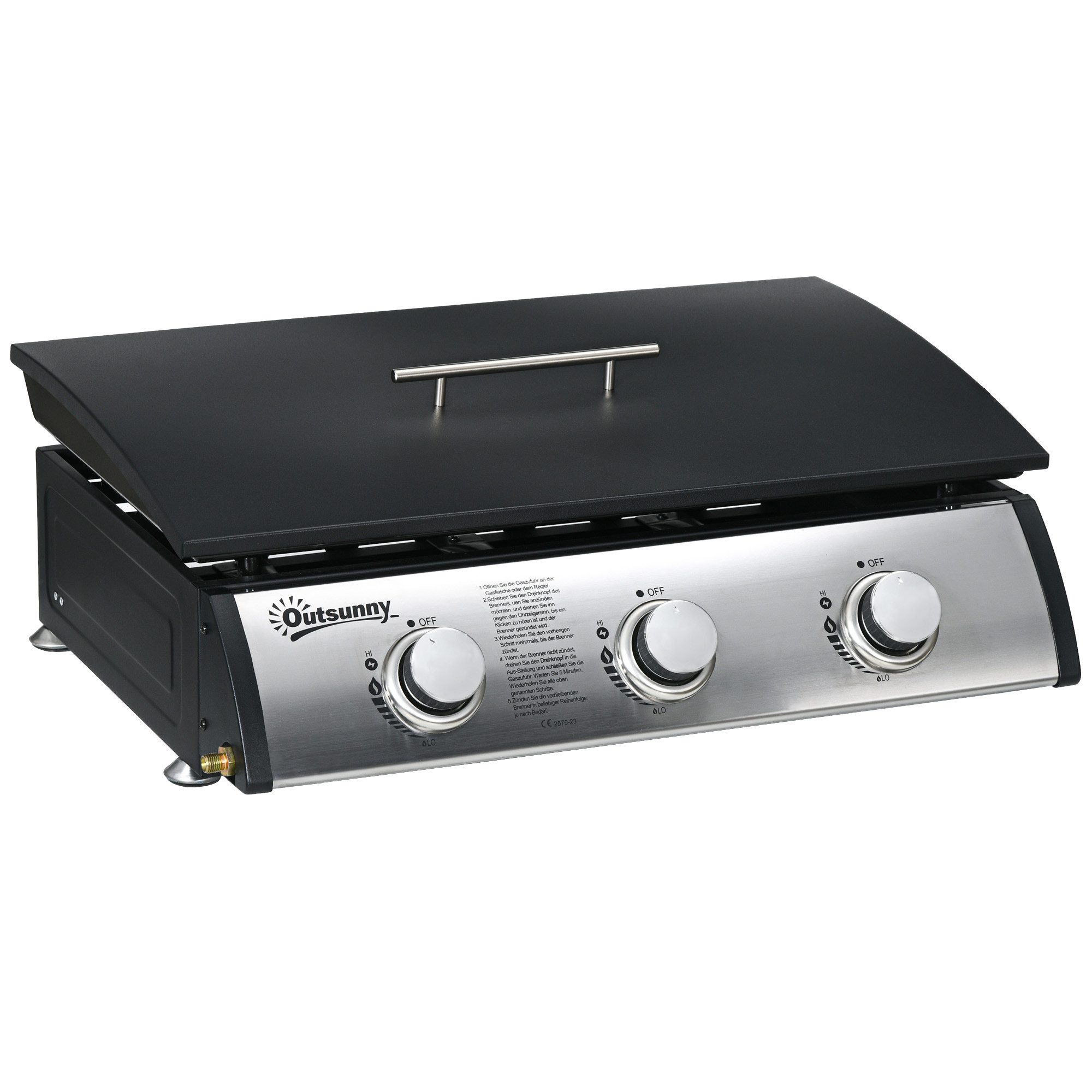 Outsunny Gasgrill mit Deckel, 3 Brennern, Fettauffangschale, antihaft-Platte, Tischgasgrill, Tischgrill, für Garten, Balkon, Schwarz