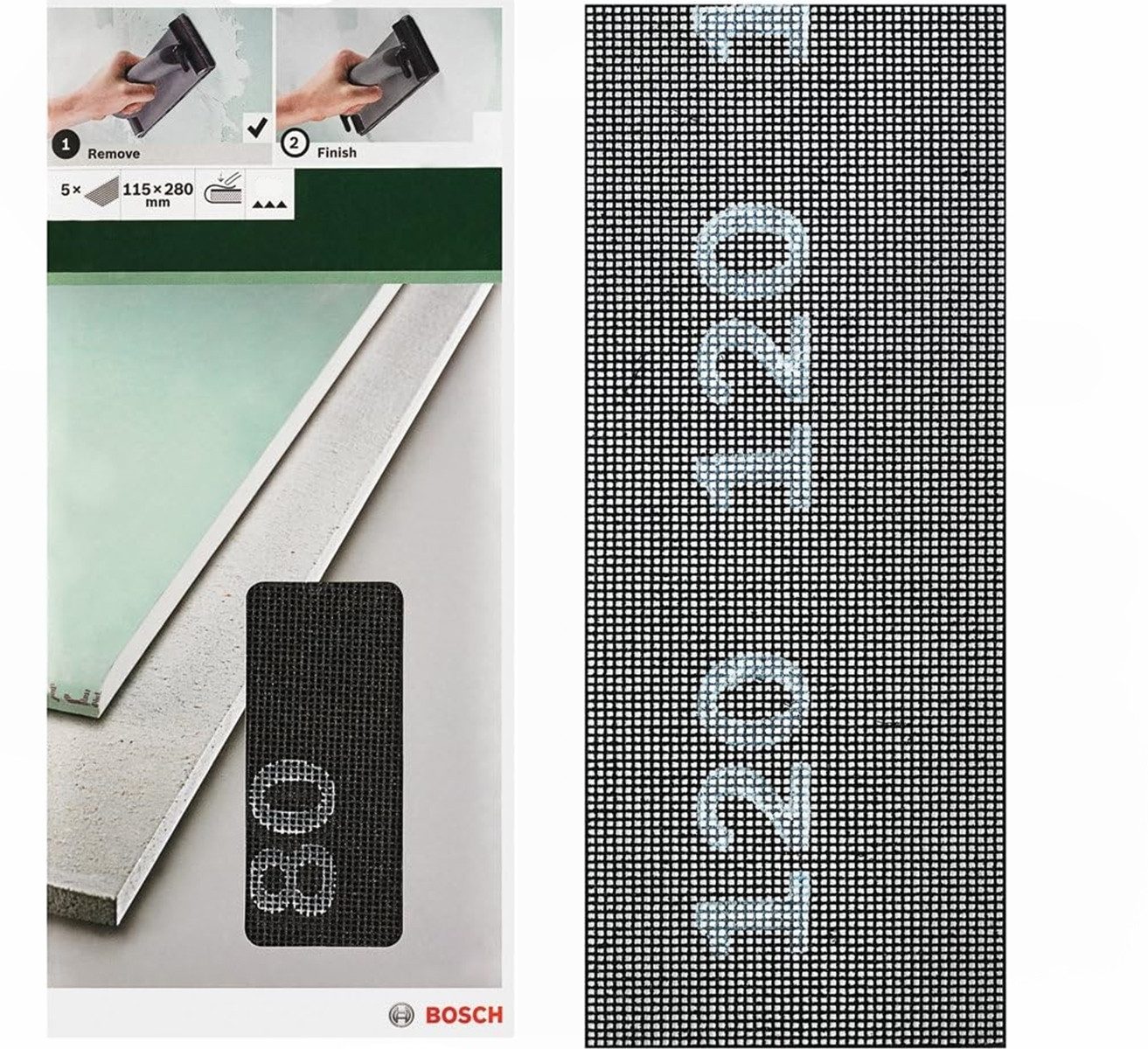 BOSCH Schleifpapier Schleifgitter 5 Stück, 115 x 280 mm K 120 für Gipskartonplatten