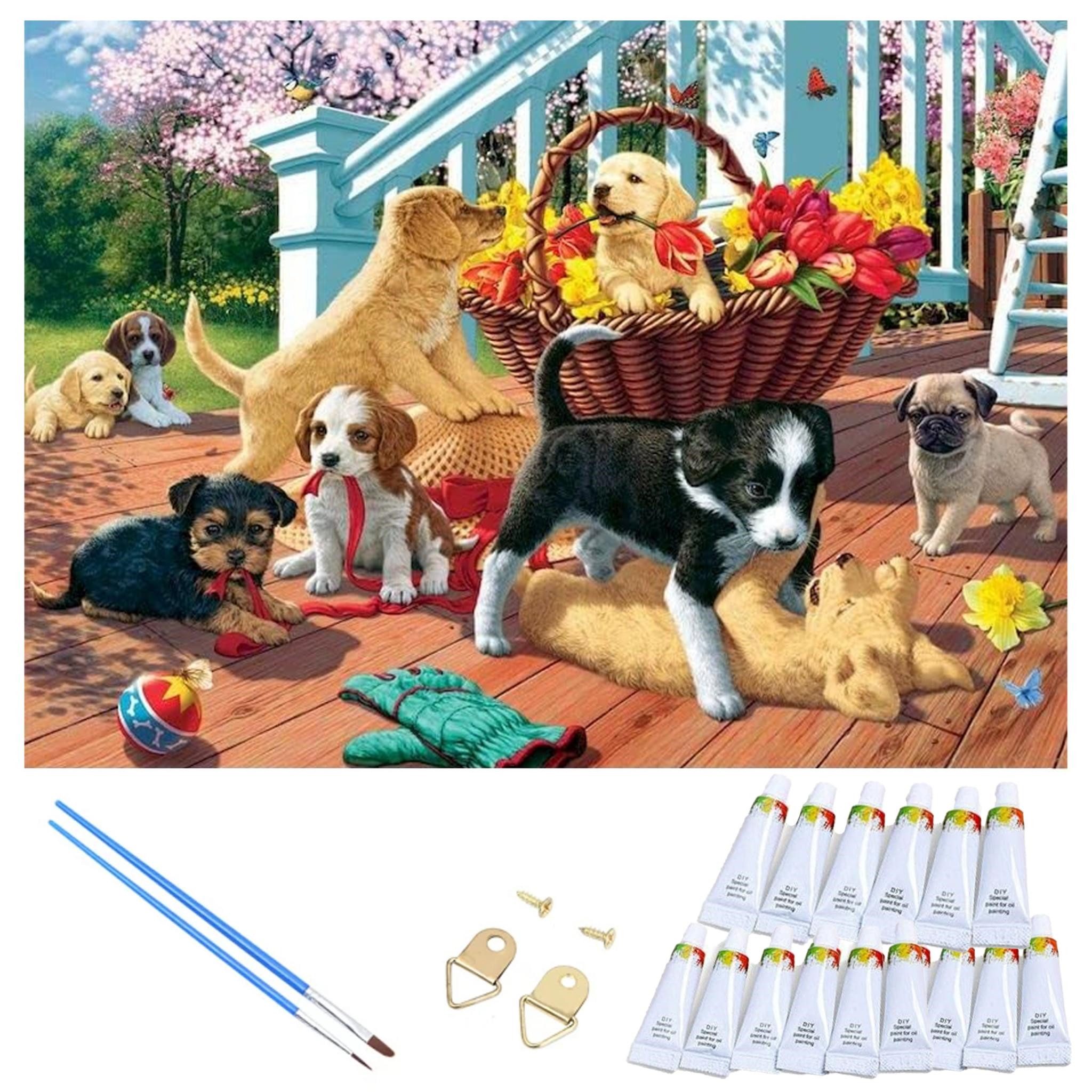 LaCute Malen nach Zahlen Welpen Malset – Kreatives Malen nach Zahlen mit Rahmen 30x40cm (Komplettes Malset: Kreatives Malen nach Zahlen mit Rahmen und Farben, Malen nach Zahlen Set: Leinwand 30x40cm, Acrylfarben, Pinsel, Rahmen), Welpen Malset: Hochwertige Leinwand 30x40cm mit Acrylfarben & Rahmen