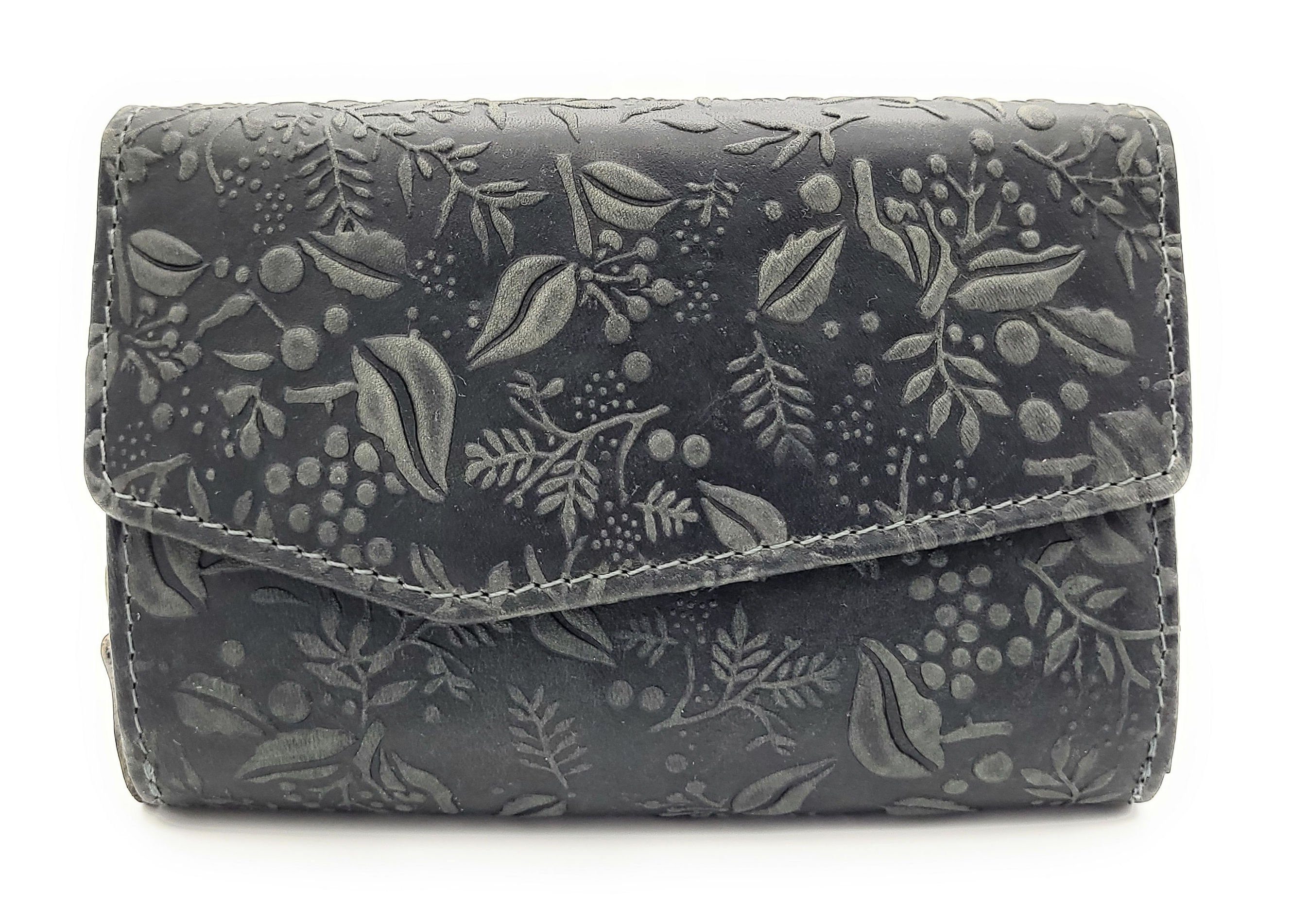 Hill Burry Geldbörse echt Leder Damen Portemonnaie mit RFID Schutz, Reißverschlussmünzfach, florale Prägung, umfangreiche Ausstattung