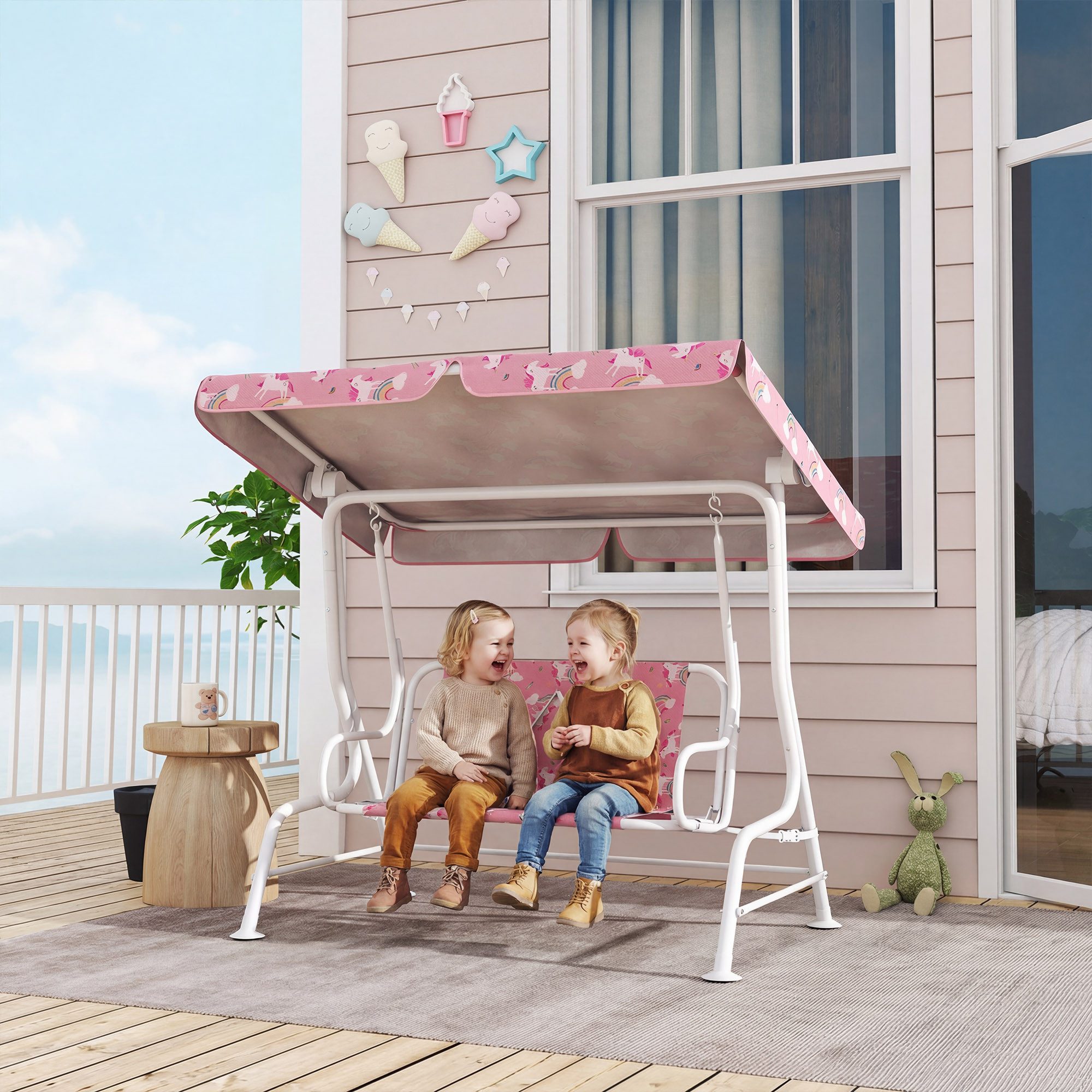 AIYAPLAY Hollywoodschaukel Kinderschaukel Gartenschaukel, Sicherheitsgurt, bis 60 kg, 2-Sitzer, Schaukelfunktion, Gartenschaukel, 1 tlg., 2-Sitzer Kinderschaukel, für Garten Terrasse für 3-6 Jahre Kinder bis 60 kg Rosa