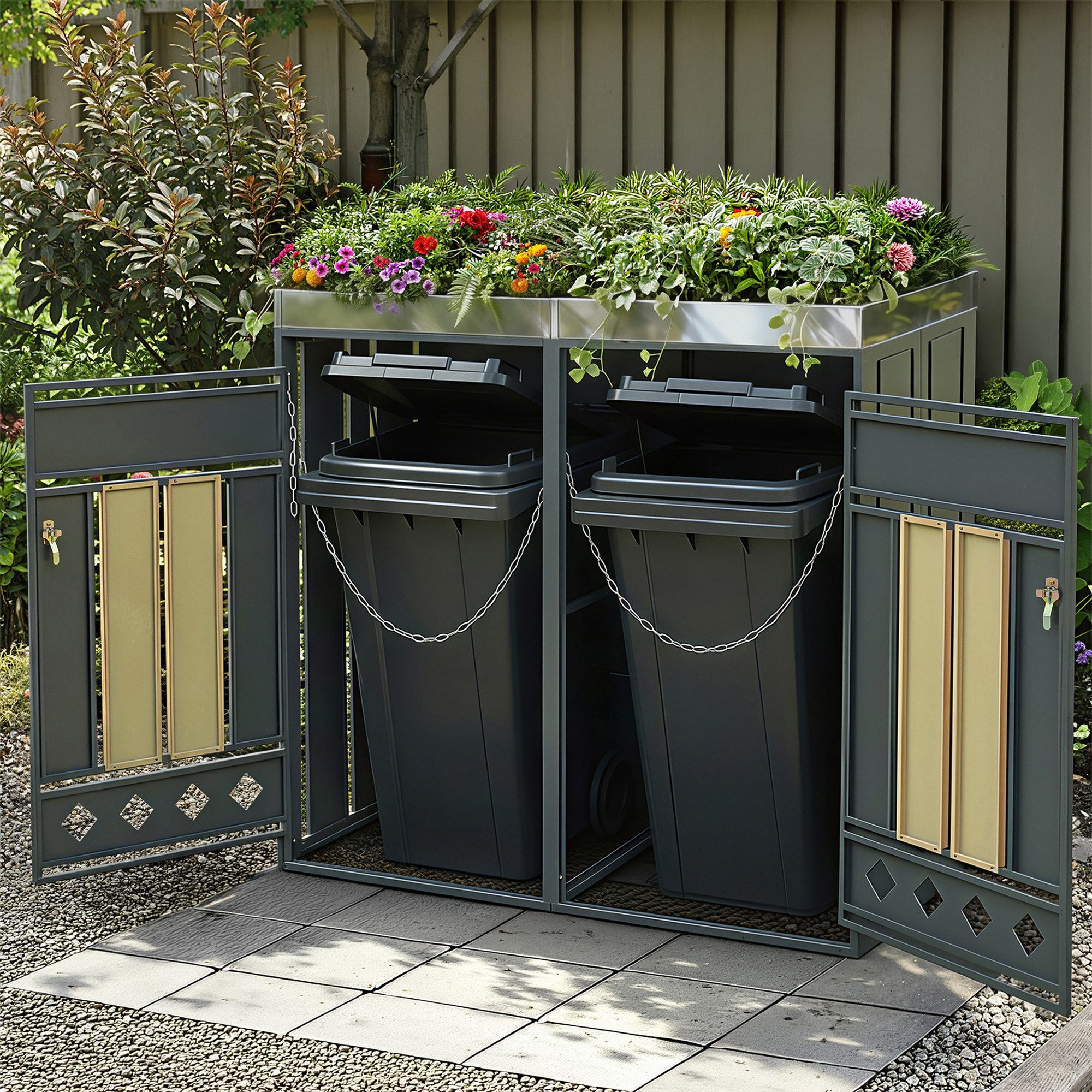 STILVORA Mülleimer mit vertikaler Holzmaserung Mülltonnenbox mit Abschließbaren Türen, Integrierter Pflanztrog im oberen Bereich für Grünpflanzen