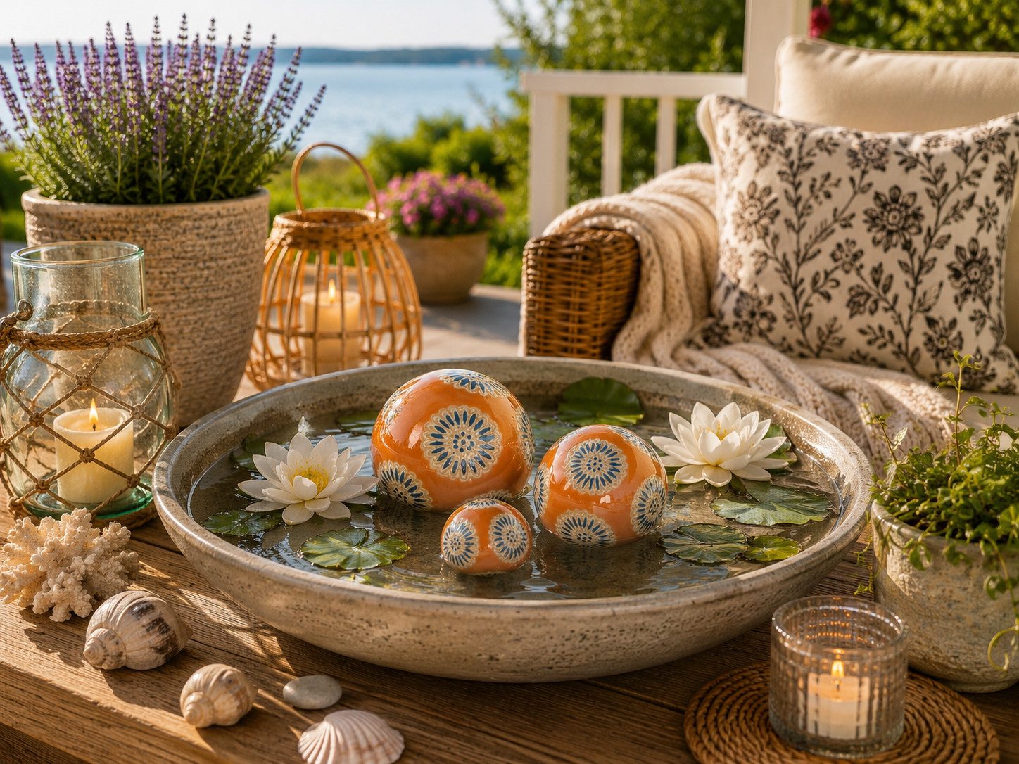 finehomegarden Teichfigur Schwimmkugel orange/blau Ø4cm/Ø6cm/Ø8cm Blüten Porzellan, (Set, 3-St., 3tlg), 3er Set Schwimmende Kugeln für Teich & Wasserschalen Elegante Deko