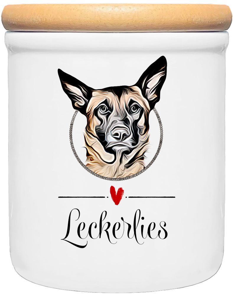 Cadouri Vorratsdose MALINOIS - Leckerlidose Hund - für Hundekekse, Keramik, (Leckerlidose mit Hunderasse, 2-tlg., 1x Keramikdose mit Holzdeckel), Hundekeksdose, handgefertigt in Deutschland, für Hundebesitzer, 400 ml