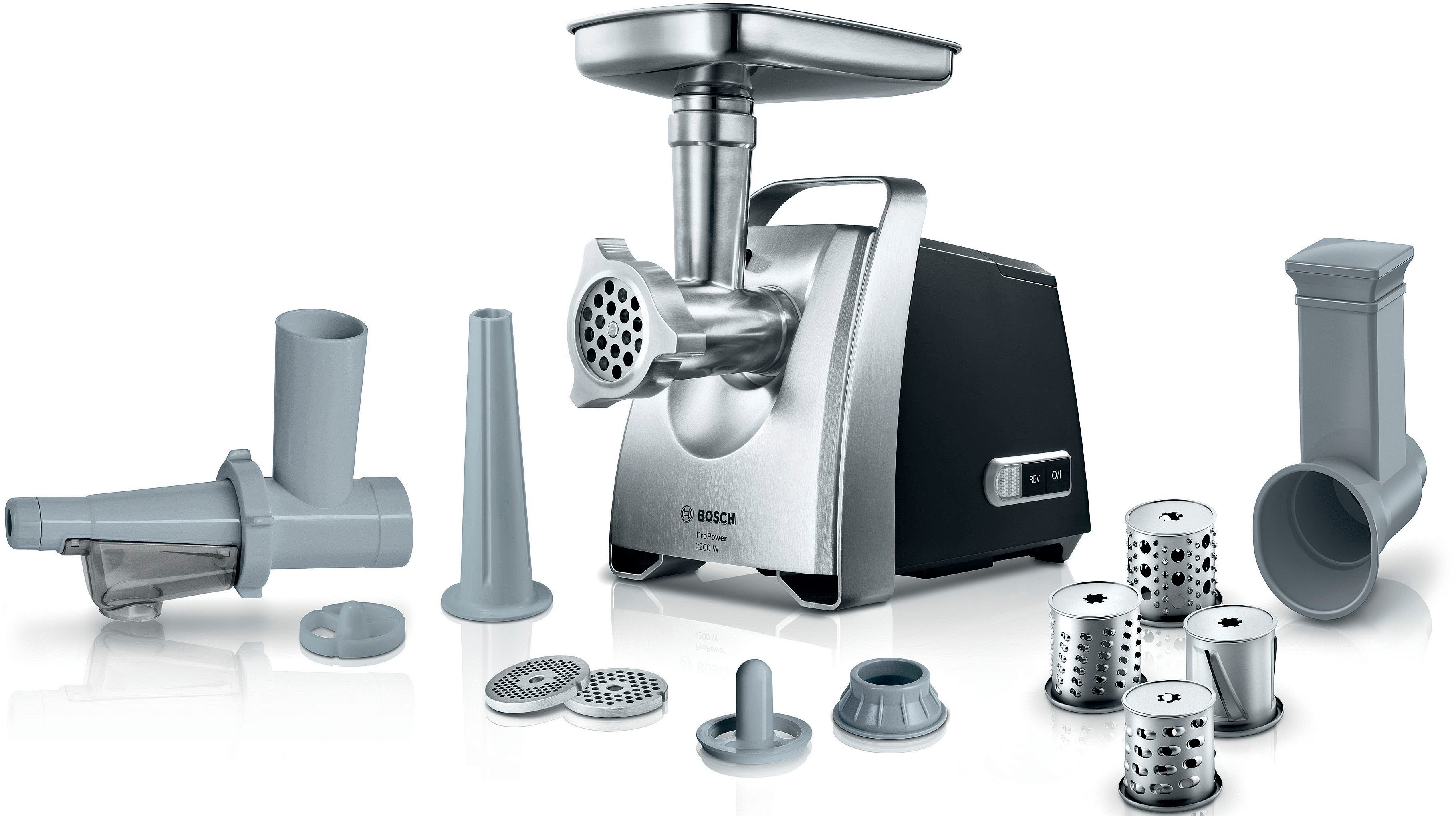 BOSCH Fleischwolf ProPower MFW68660, Rücklauf, Durchlaufschnitzler, 800 W, 3 Lochscheiben Edelst. (3/4,8/8mm), Fruchtpressen-/Wurst-/Kebbeaufsatz