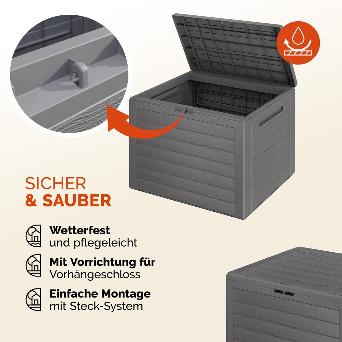 Casaria Auflagenbox Lille (1 St), 190L UV-beständig Griffmulden Verschließbar Balkon Holz-Optik Grau